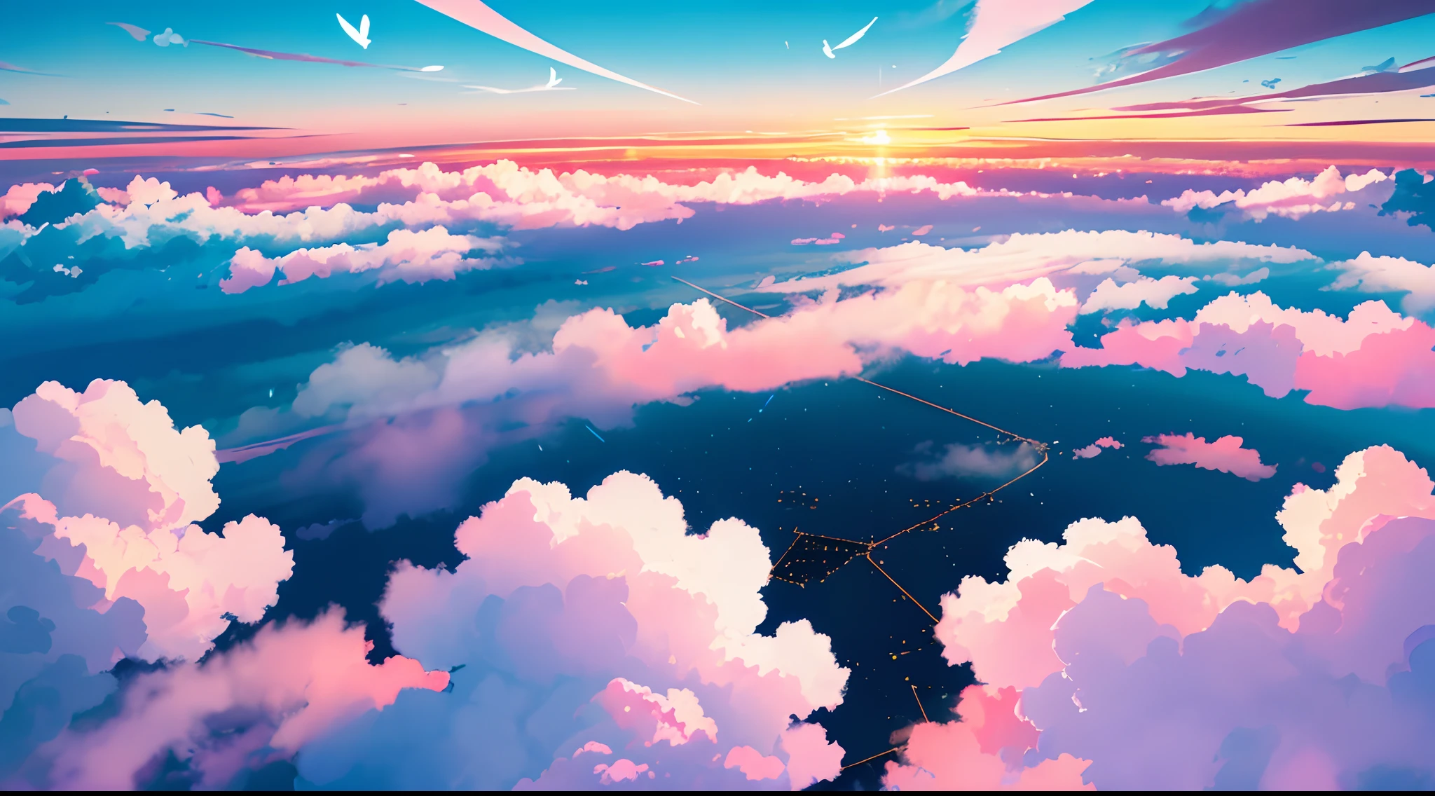 "The world in the clouds is、It is a mysterious place floating in a fluffy space。A huge feather forest spreads out、When you walk in it, you can enjoy the feeling of being able to walk in the air.。In the clouds are houses and cities floating in the air.、Flying vehicles and cloud creatures live there。The sunset always spreads beautifully in the sky、A festival of sparkling clouds unfolds at night under the stars。In this world, imagination is limitless.、A magical experience where dreams and reality intersect awaits。Represent the aerial world shrouded in fluffy clouds in abstract and beautiful art。This art has、Huge feather groves and aerial houses floating in the clouds、Sunset sky、Take in the elements of the Festival of Clouds unfolding under the stars。Create art that complements the charm of this magical place where fantasy meets reality。"