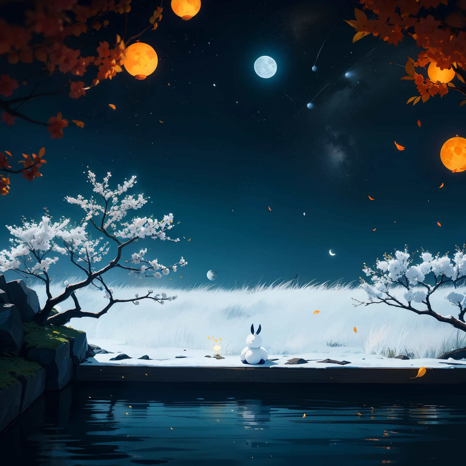 Moon，Mid-Autumn Festival，Osmanthus flowers fall，The moon is born on the sea，Blue tones，Chang'e，edgBunny，an osmanthus tree