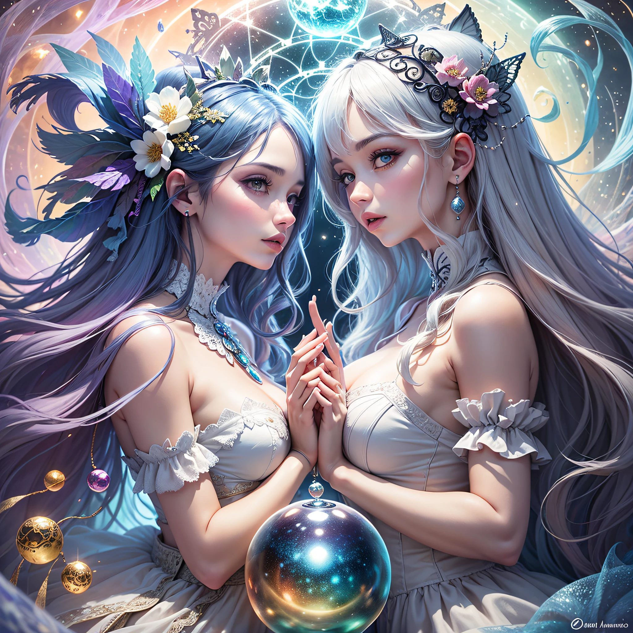 (maximum quality, exquisite design, better lighting, better shading), statue of 2 mermaids in the form of Yin Yang, inside a crystal ball, under the moon and the sun, detailed and realistic details, intricate, carved in purple and yellow marble, shining with moonlight and sunlight, a perfect balance between light and dark, mystical and serene.