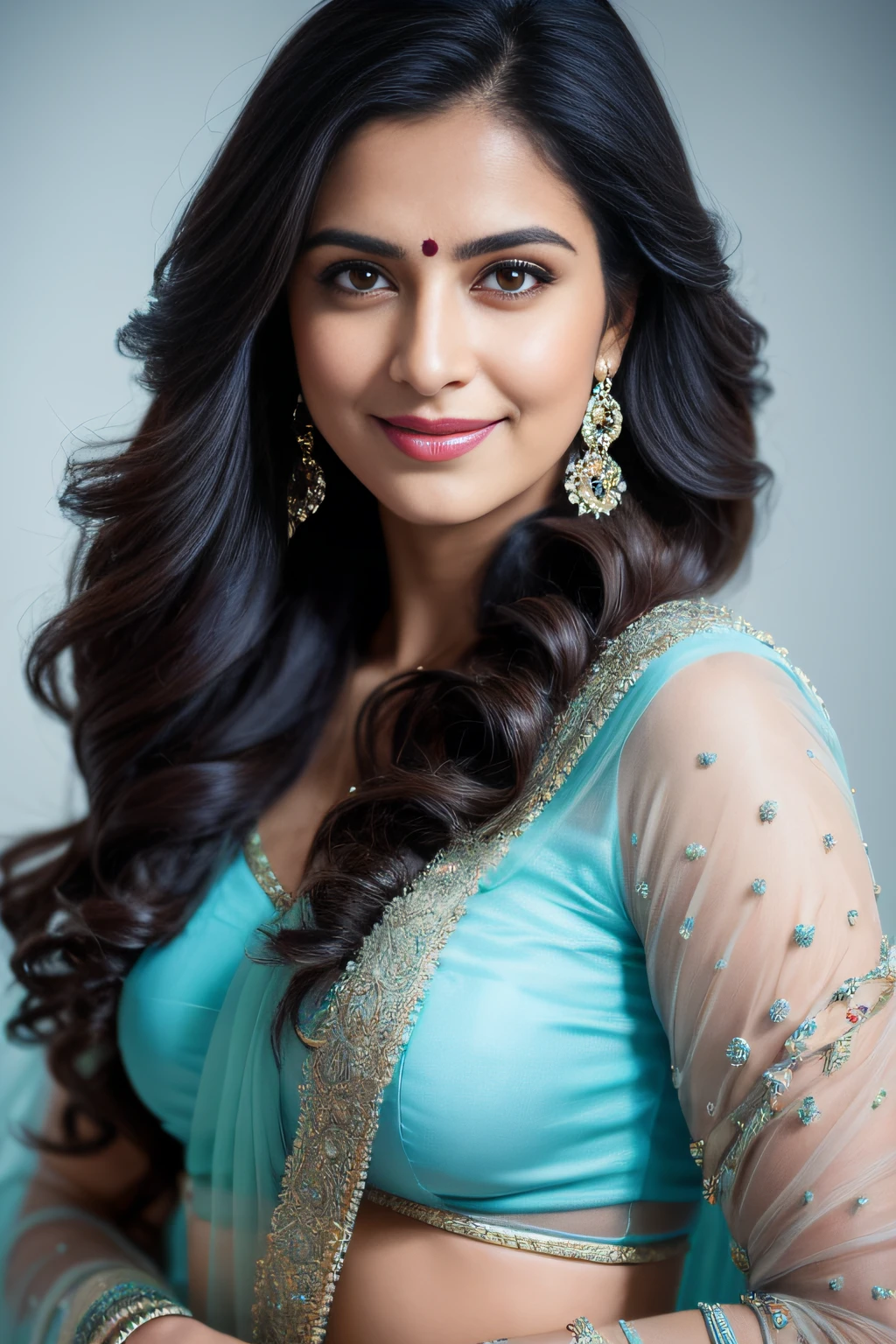 Portrait of A confident-looking indian woman with long flowing hair, hazel eyes, with flowing capes and ice blue colour saree, smiling, standing in ice, perfect composition, hyperrealistic, super detailed, 8k, high quality, trending art, trending on artstation, sharp focus, siberian photo, intricate details, highly detailed, art by greg rutkowski