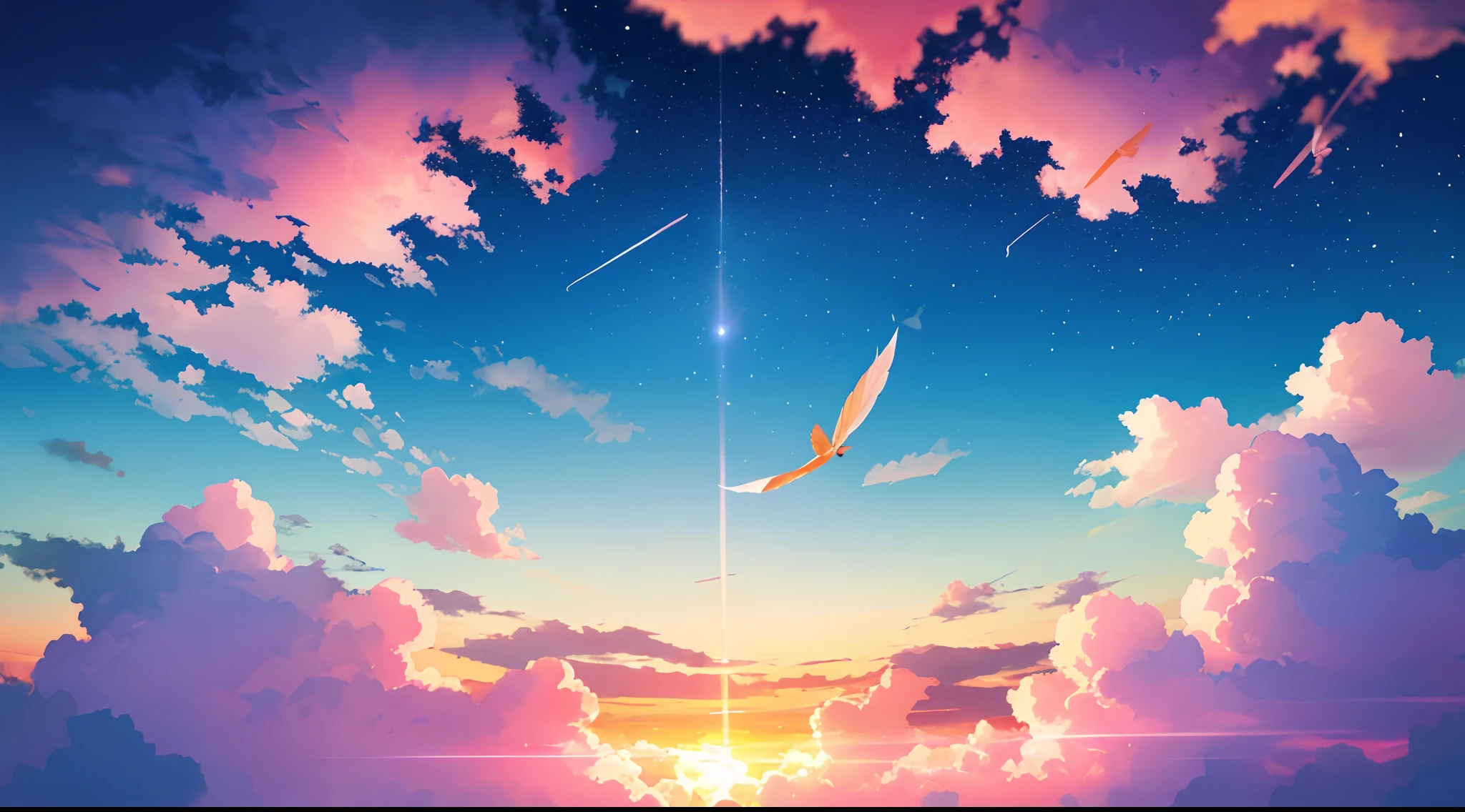 "The world in the clouds is、It is a mysterious place floating in a fluffy space。A huge feather forest spreads out、When you walk in it, you can enjoy the feeling of being able to walk in the air.。In the clouds are houses and cities floating in the air.、Flying vehicles and cloud creatures live there。The sunset always spreads beautifully in the sky、A festival of sparkling clouds unfolds at night under the stars。In this world, imagination is limitless.、A magical experience where dreams and reality intersect awaits。Represent the aerial world shrouded in fluffy clouds in abstract and beautiful art。This art has、Huge feather groves and aerial houses floating in the clouds、Sunset sky、Take in the elements of the Festival of Clouds unfolding under the stars。Create art that complements the charm of this magical place where fantasy meets reality。"