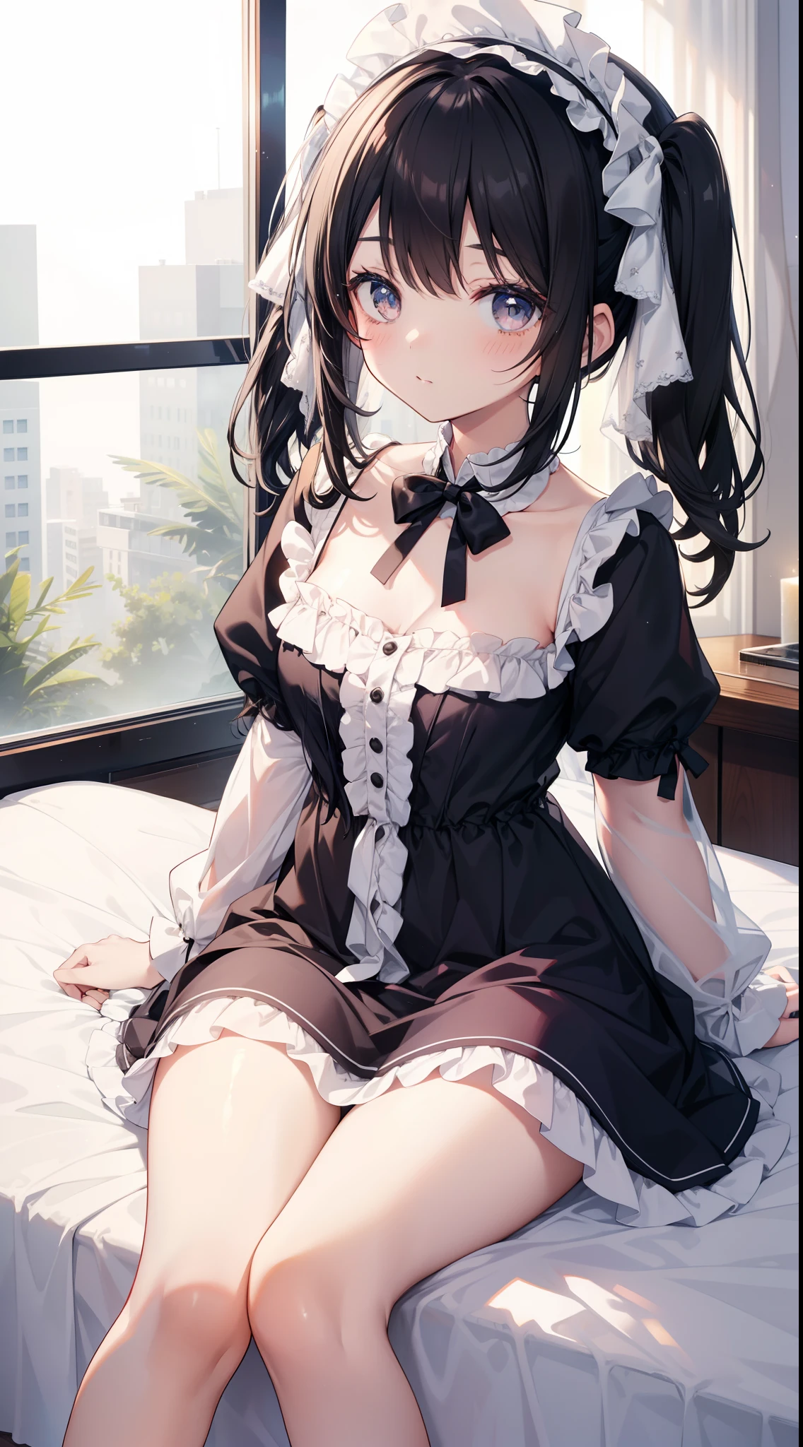 Cute black-haired loli，Lolita and dressed in white silk，Sitting at the bedside，White panties visible