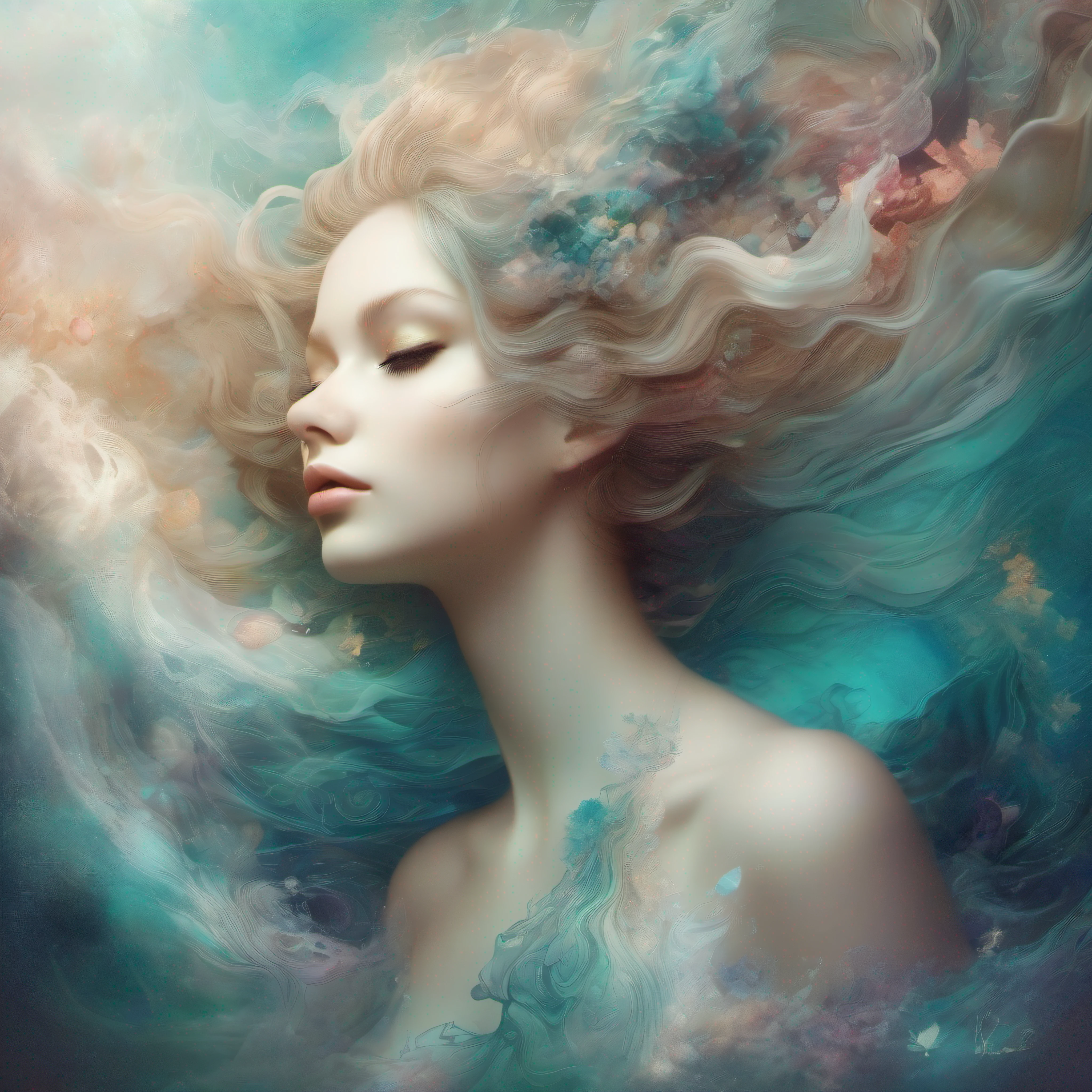dreams of the sea, digital painting, extremely smooth, fluid, 3d fractals, light particles, dreamy, alcohol ink, smooth, shimmering, dreamy glow, conceptual art by alberto seveso, anna dittmann, arthur rackham, 16k