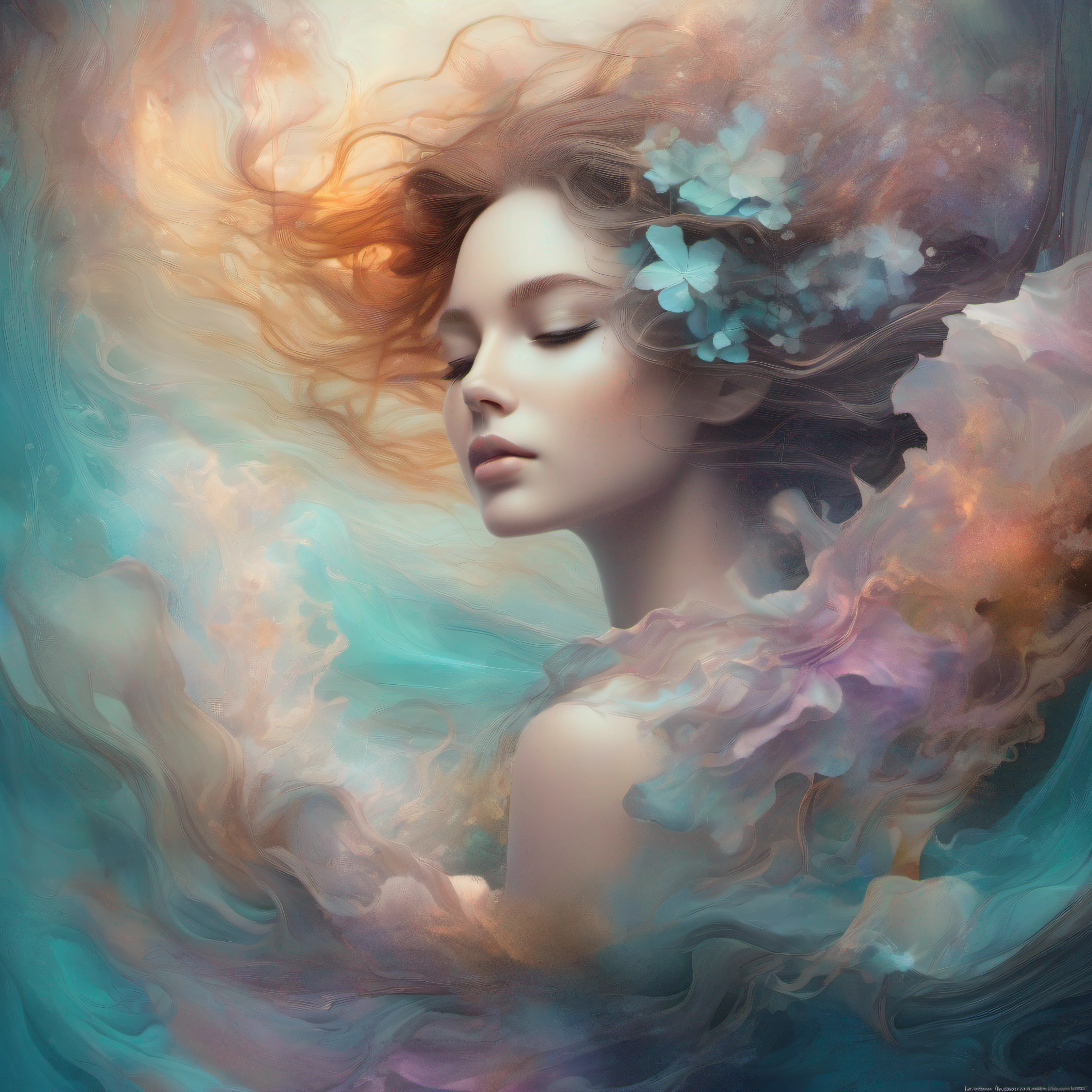 dreams of the sea, digital painting, extremely smooth, fluid, 3d fractals, light particles, dreamy, alcohol ink, smooth, shimmering, dreamy glow, conceptual art by alberto seveso, anna dittmann, arthur rackham, 16k