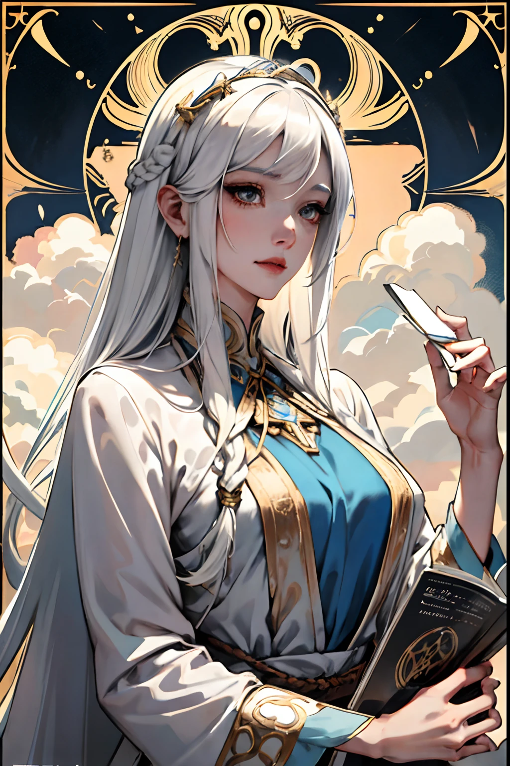 (masuter piece,Best Quality,Ultra-detailed), (A detailed face), Movie Posters, hight resolution, 1girl in, (front-facing view), White hair, length hair、Braided side locks, Gold Eye, General's jacket, The upper part of the body, flat-chest, (Beautiful Detail Eye: 1.1), (Detailed hand), (Detail light: 1.1), Desportivo, Film Light, Pale skin type, (looking at the viewers), (magazine:1.3), (cover-style:1.3), Textured skin, Super Detail, Tarot Boundary, border, Alfonse Mucha, Dynamic streaks, locus:1.2, Dim color scheme, portraitures, Look at viewers, 独奏, (full body Esbian:0.6), A detailed face, soft smiling, Dynamic Poses, (Ancient Mesopotamian theme), Sumerian, Mesopotamian mythology, Uruk, ziggurat, Demigod, white robes, laurel, (A thriving civilization), Ancient palaces, stele, particles floating, Fire emblem