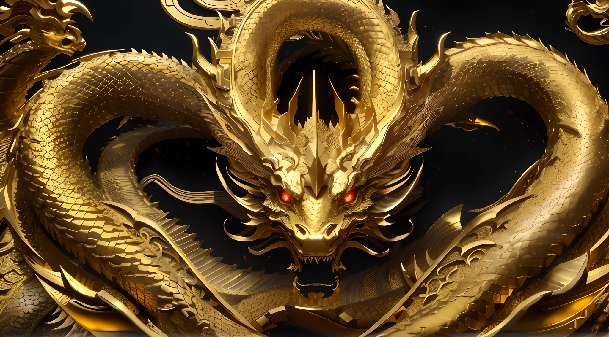 there is a gold dragon sculpture with red eyes on a black background, golden dragon, intricate ornate anime cgi style, chinese dragon, smooth chinese dragon, china silk 3d dragon, chinese dragon concept art, king ghidorah, chinese dragon engrave, ancient chinese ornate, majestic japanese dragon, colossal dragon as background, sculpture made of gold, 8 intricate golden tenticles, 5 fingers claws