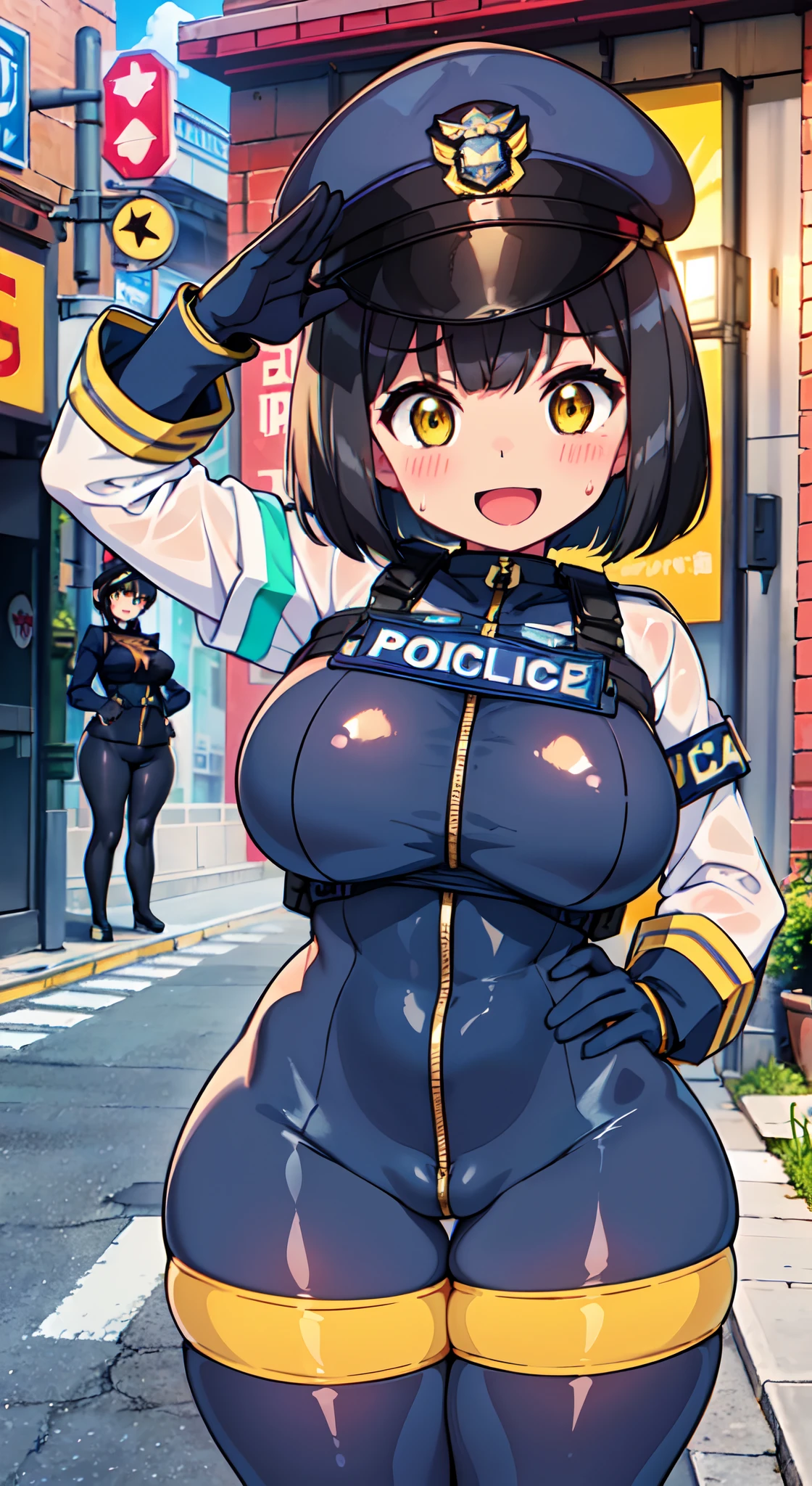 (Perfect body),Best Quality,(8K Portrait),(Official art)、(((Police Woman)))、Police Hat、(((((Upset)))))、((Wavy mouth))、(((((:D)))))、embarrassed from、(((blush))),(Sweat),((((large udder))))、((((Big ass))))、(Black hair),((bob cuts))、(Yellow eyes),(((thick thighs)))、(((((Navy blue bodysuit)))))、highleg、knee sox、adult  woman、(((Right hand salute)))、(((((Left hand on hip)))))、(In the street)、Chibi、