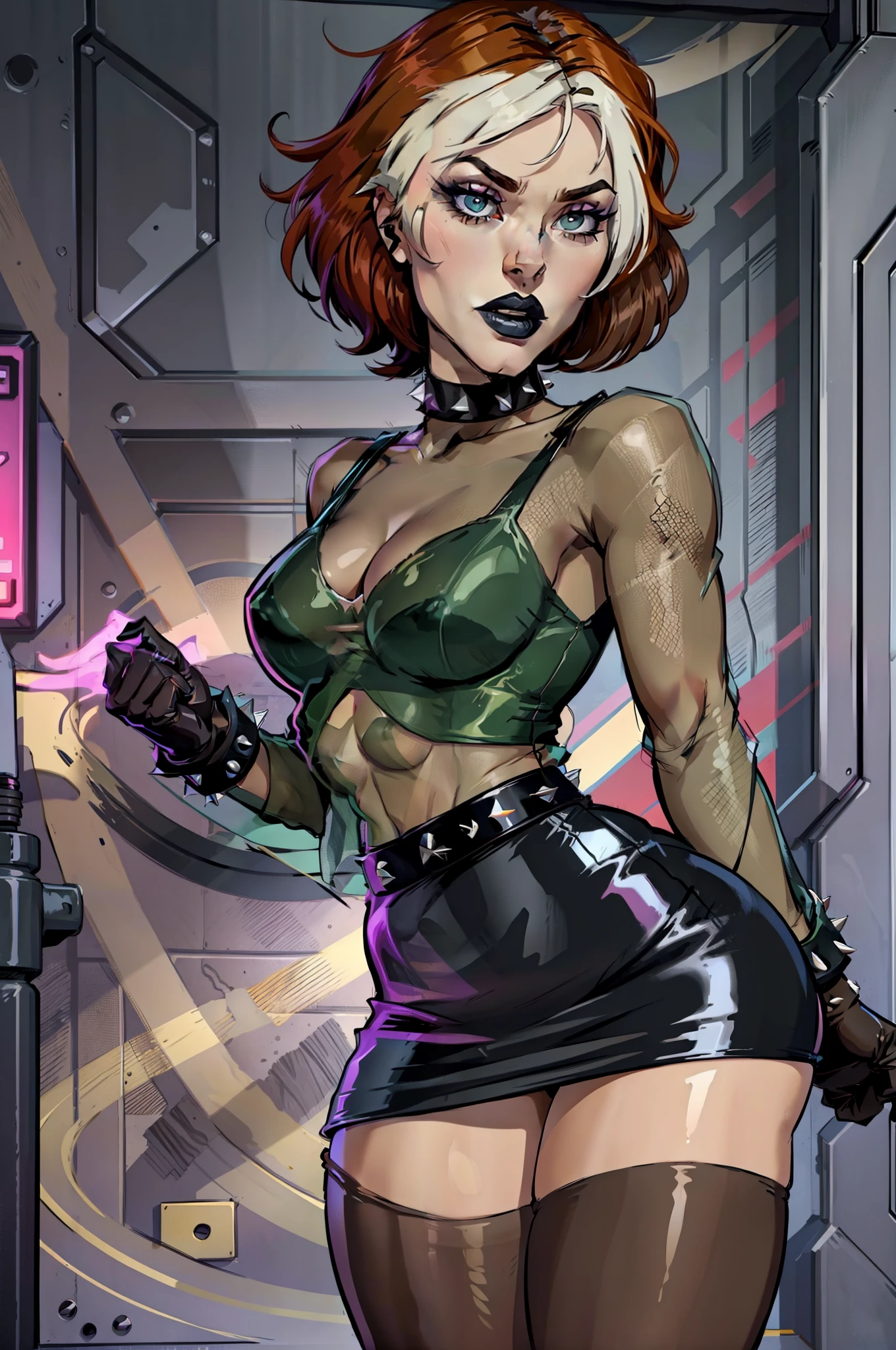 evolutionrogue, short hair, skirt, shirt, gloves, pantyhose, multicolored hair, choker, black gloves, miniskirt, black skirt, collar, two-tone hair, see-through, makeup, lipstick, spikes, pencil skirt, spiked collar, black lips, dyed bangs, studded collar