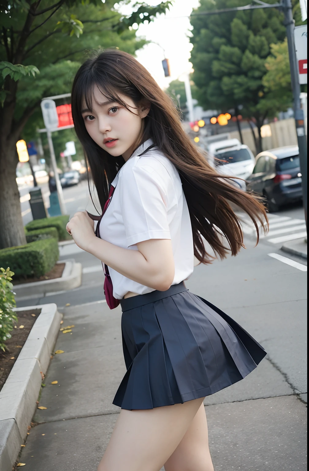 put your hands into fists, right leg ((kicks in the air)), eyes focus on the right leg, while shouting haaa, pretty bravelly, , thin legs, tight skirts, left leg heels on the ground on, sidewalk, RAW photos, 8K, highest quality, ultra-high resolution, beautiful faces detailed, real human skin, gentle expressions, Front view, angle from below, long hair, realistic, photorealistic, cute, short skirt,  in the city, cute school girl, Japanese schoolgirl uniform, wearing Japanese school uniform, surreal high school girl, whole body,