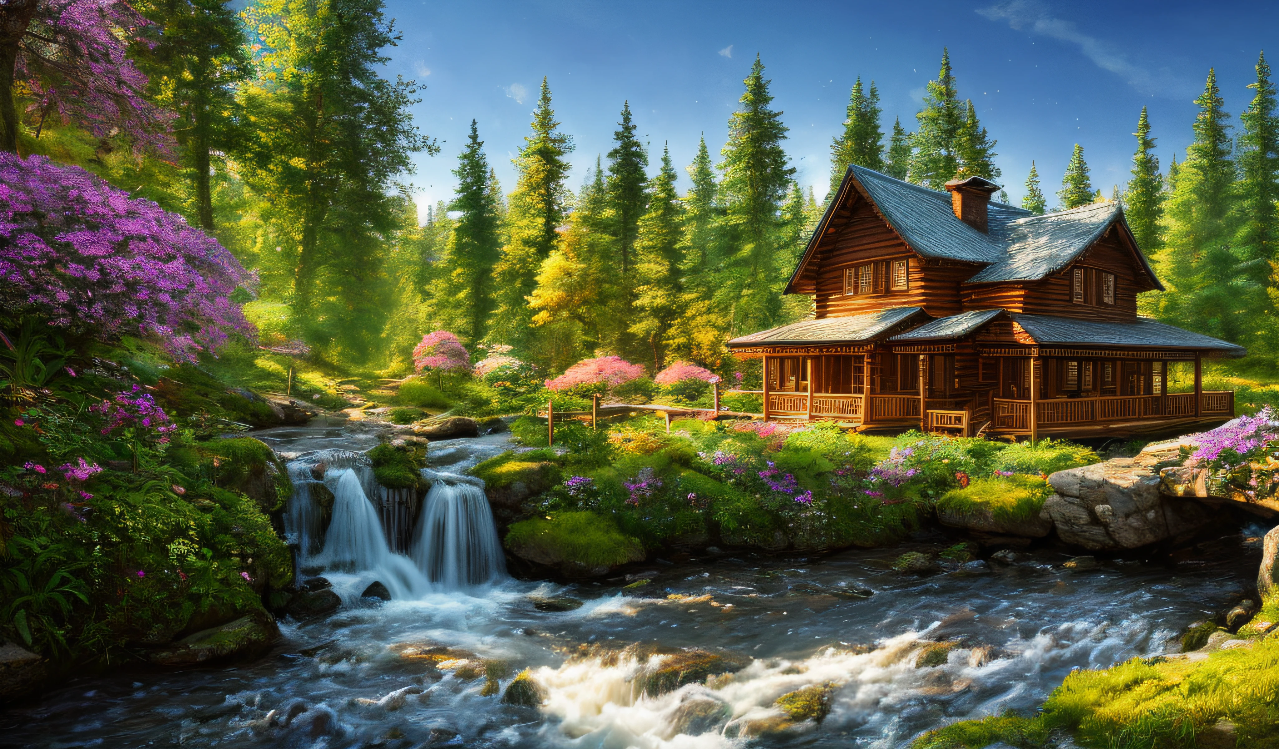 masterpiece, best quality, high quality,extremely detailed CG unity 8k wallpaper, An enchanting and dreamy scene of a fantasy forest, beautiful log cabin beside a stream, with towering trees, glowing flowers, and hidden fairy glens, creating a sense of mystique and enchantment, artstation, digital illustration, intricate, trending, pastel colors, oil painting, award winning photography, Bokeh, Depth of Field, HDR, bloom, Chromatic Aberration ,Photorealistic,extremely detailed, trending on artstation, trending on CGsociety, Intricate, High Detail, dramatic, art by midjourney