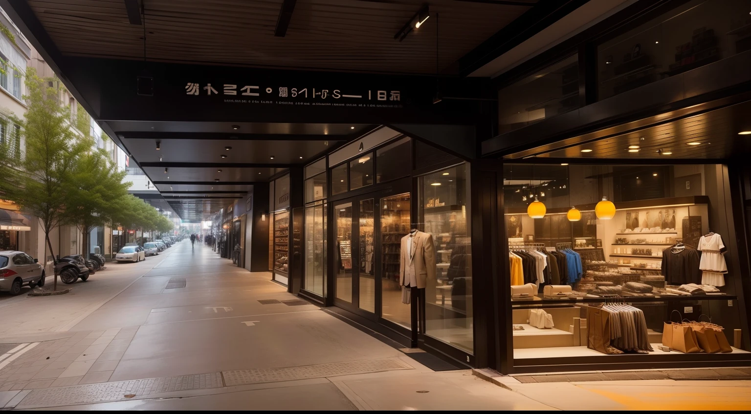 Stylish shop exterior apparel moderno concrete glass Live Action a picture best qualtiy The clothes in the store are white、A black、Beige Main image with exterior Fashionable casual shop, not luxury boutique Planting outside the store Composition from an angle Stylish signage