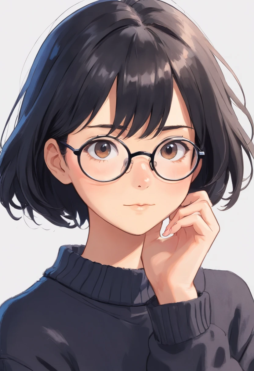 woman, wearing eyeglasses, short black hair, wearing black sweater, White background