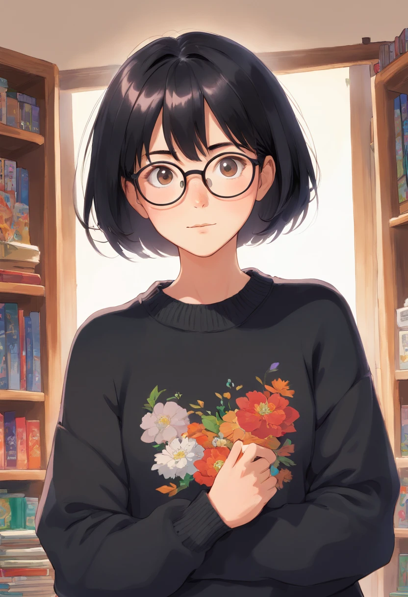 woman, wearing eyeglasses, short black hair, wearing black sweater, White background