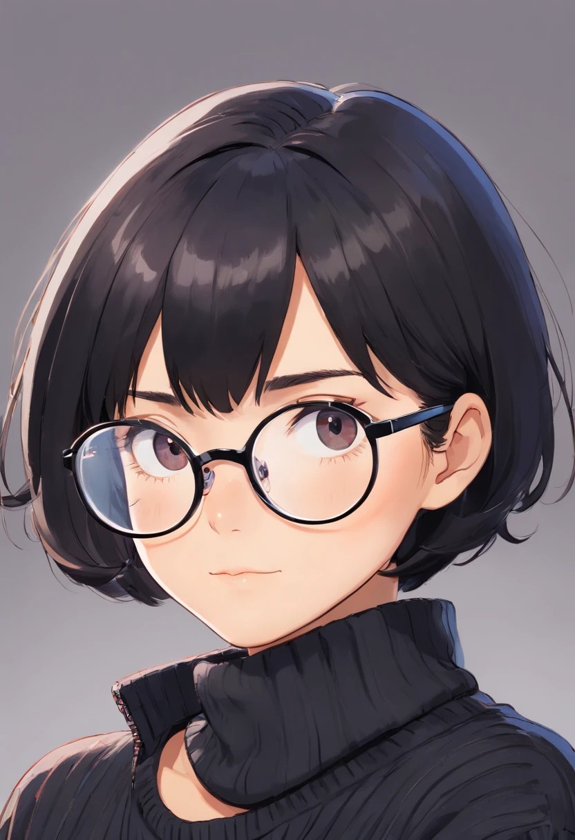 woman, wearing eyeglasses, short black hair, wearing black sweater, White background