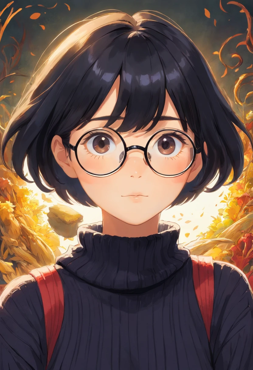 woman, wearing eyeglasses, short black hair, wearing black sweater, White background