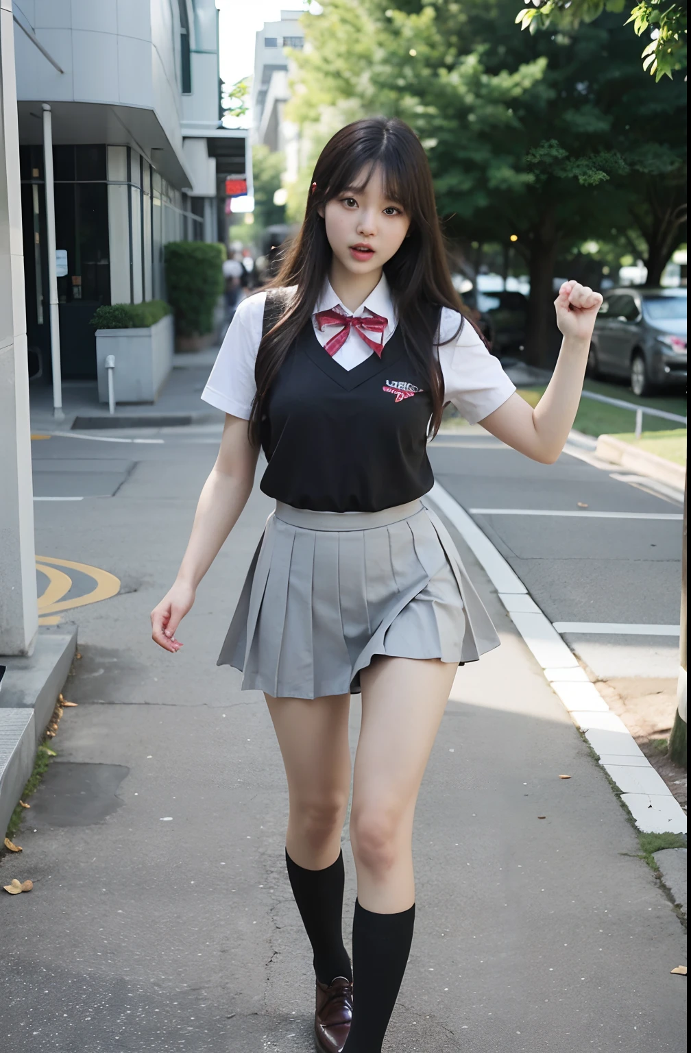 put your hands into fists, right leg kicks in the air, eyes focus on the right leg, while shouting haaa, pretty bravelly, , thin legs, tight skirts, left leg heels on the ground on, sidewalk, RAW photos, 8K, highest quality, ultra-high resolution, beautiful faces detailed, real human skin, gentle expressions, Front view, angle from below, long hair, realistic, photorealistic, cute, short skirt,  in the city, cute school girl, Japanese schoolgirl uniform, wearing Japanese school uniform, surreal high school girl, whole body,