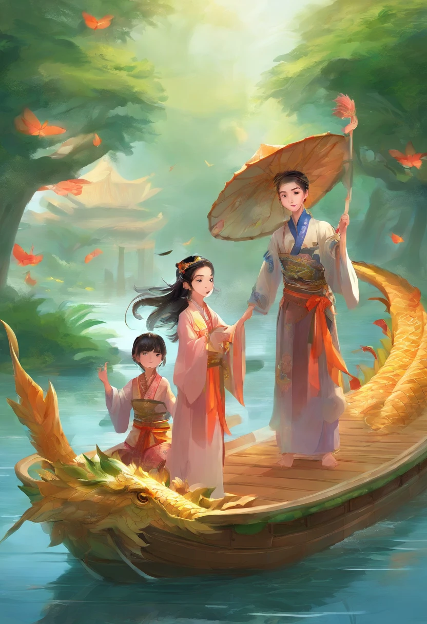 Dragon boat festival, On the water, there are 3 children dressed in Hanfu paddling on a dragon boat, There are delicious rice dumplings on board, Green zongzi are super detailed, The best quality, There are lotus leaves on the surface of the water, Super detailed