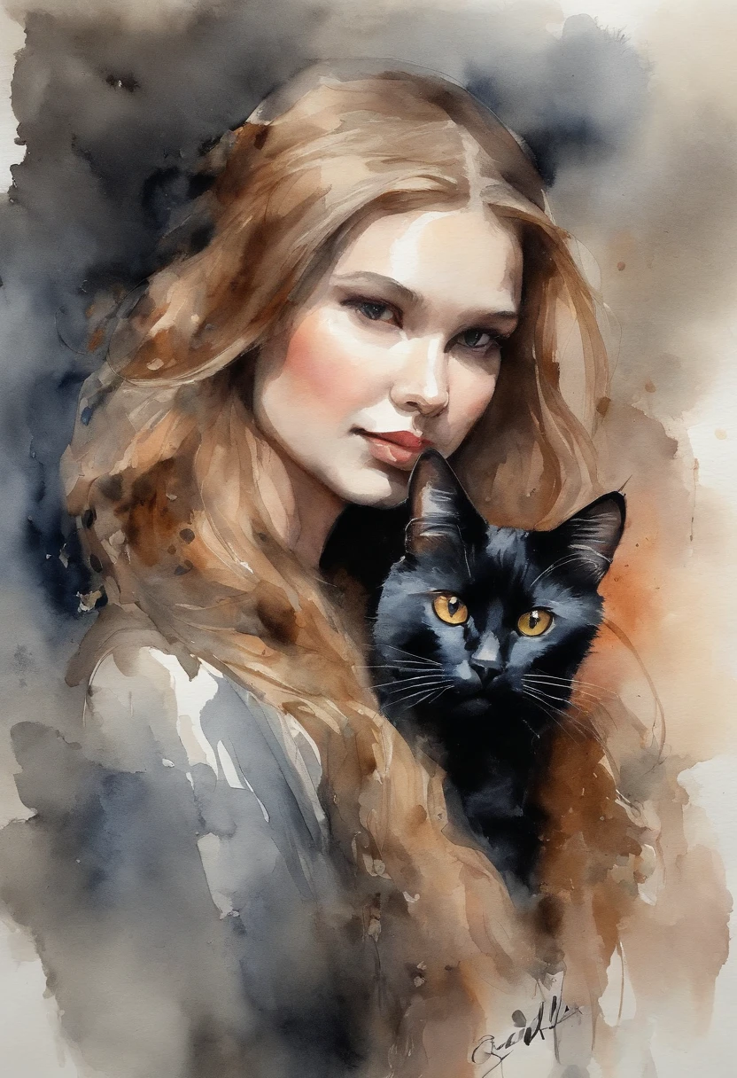 A painting of a woman with a cat in her arms - SeaArt AI