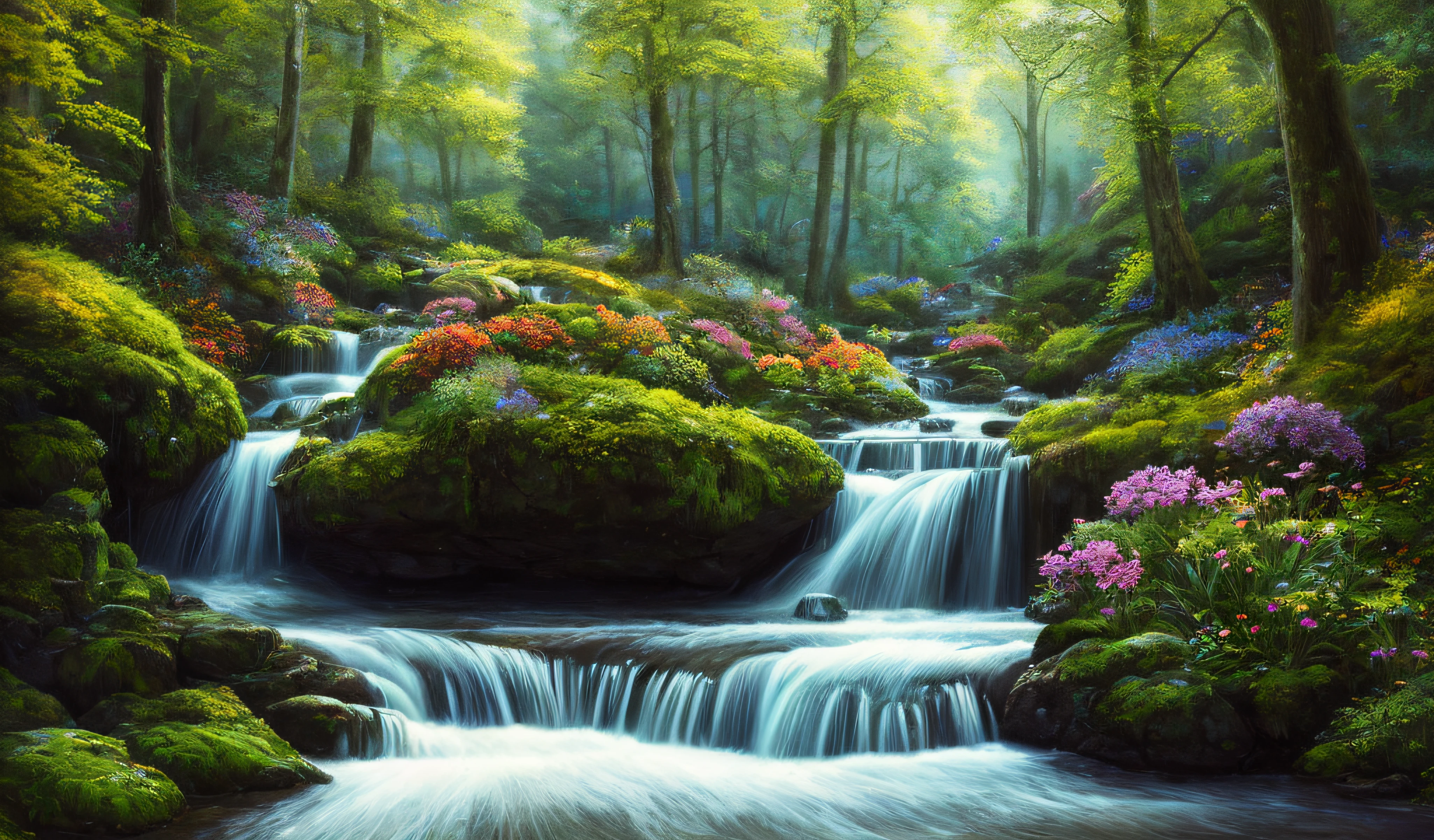 masterpiece, best quality, high quality,extremely detailed CG unity 8k wallpaper, An enchanting and dreamy scene of a fantasy forest, beautiful log cabin beside a stream, with towering trees, glowing flowers, and hidden fairy glens, creating a sense of mystique and enchantment, artstation, digital illustration, intricate, trending, pastel colors, oil painting, award winning photography, Bokeh, Depth of Field, HDR, bloom, Chromatic Aberration ,Photorealistic,extremely detailed, trending on artstation, trending on CGsociety, Intricate, High Detail, dramatic, art by midjourney