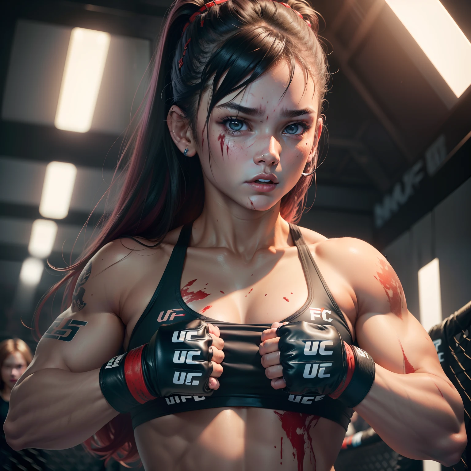(UFC, fighting girl, 18-year-old girl, with wounds and blood, fixing her hair, realistic style, 8K, masterpiece:1.2), detailed facial features, intense expression, muscular physique, dynamic pose, professional lighting, vibrant colors, bokeh
