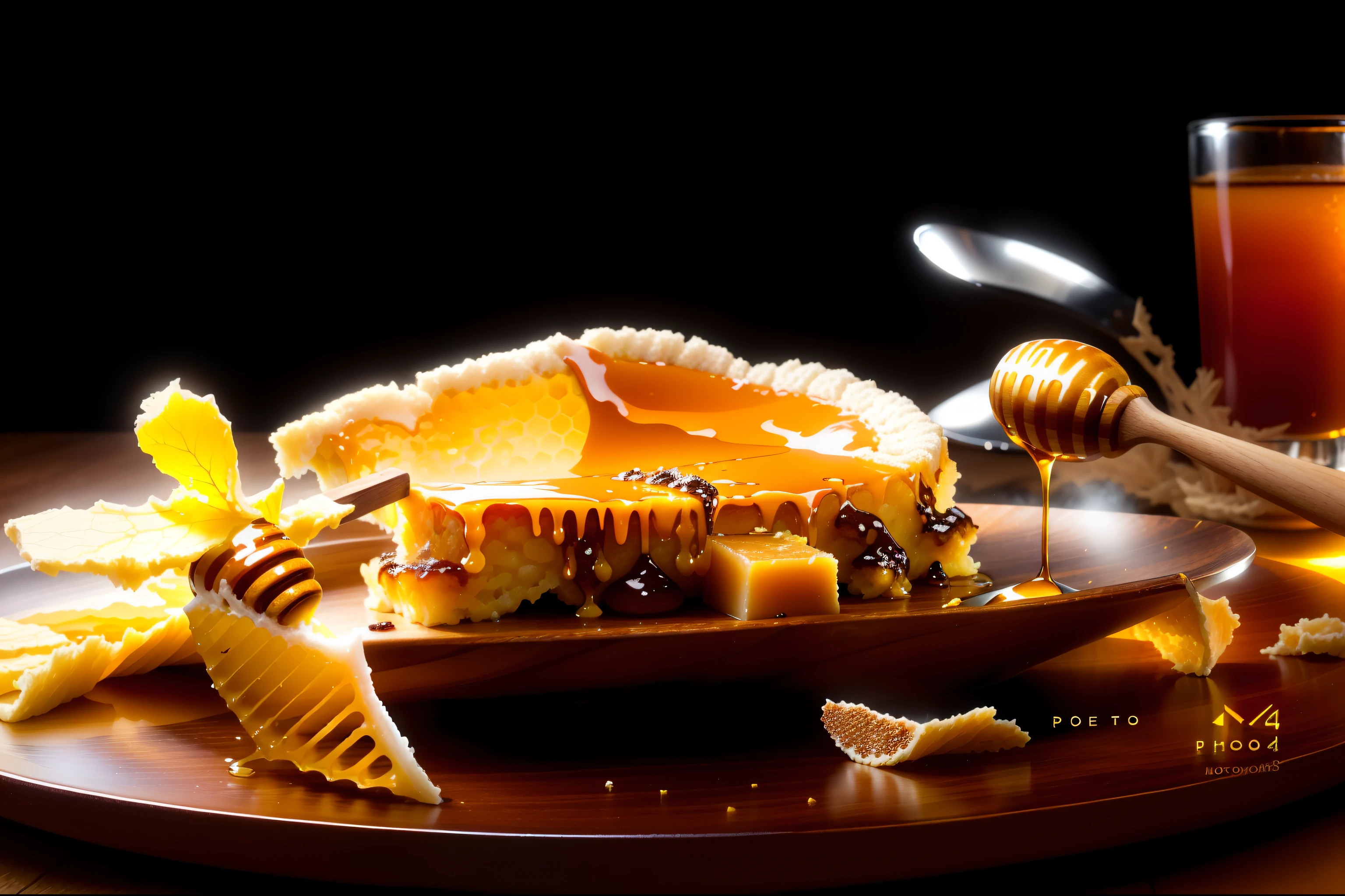 There was a piece of honey on the plate，There are wooden spoons, close up food photography, professional food photography, high quality food photography, Honey and honeycombs, honey, Food photography, culinary art photography, honeycomb, 4K food photography, 4 k food photography, food photography gourmet, food photography 4 k, hd food photography, styled food photography, on a dark background