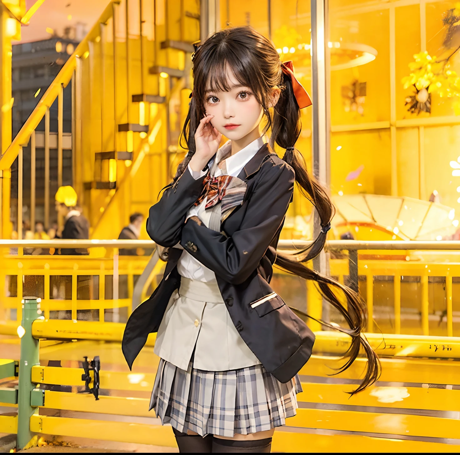 blurry, blurry foreground, depth of field, blurry background, motion blur, photo background, sunset, explosion, fire, focused, 1girl, jacket, photo \(medium\), autumn, long hair, fireplace, skirt, ginkgo leaf, burning, orange sky, school uniform, torch, bokeh, bow, plaid skirt, pantyhose, building, ferris wheel, twintails, plaid, evening, blush, gym, purple eyes, white shirt, pleated skirt, black legwear, school chair, long sleeves, bicycle, open clothes, shirt, solo, grey skirt, very long hair, bowtie, striped bowtie, flame, bangs, open jacket, storefront, concert, black jacket, blazer, outdoors