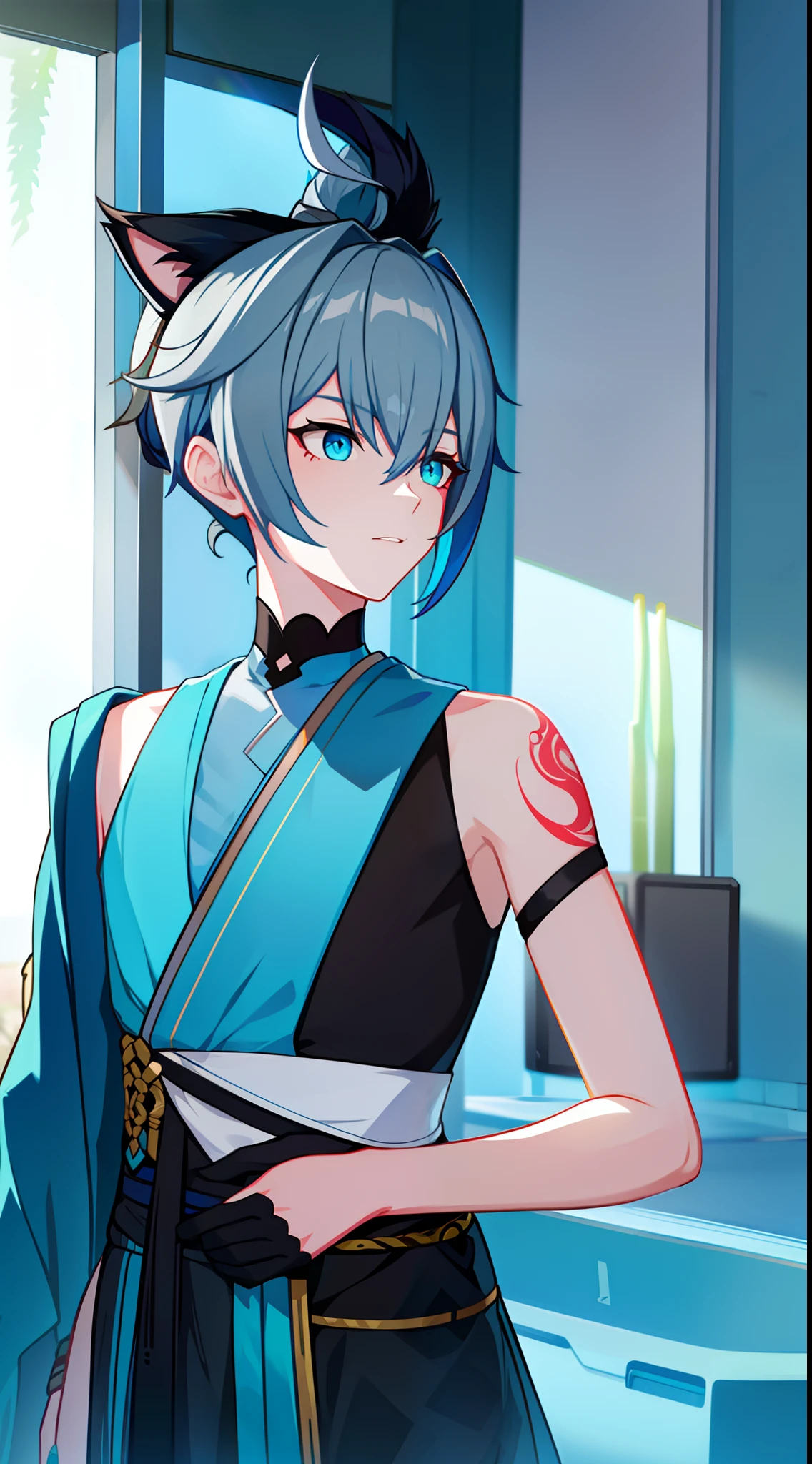 Young guy, short gray hair, high ponytail, Cyan eyes, Cat's ears, Hanfu, Sleeveless, Tatoo, Masterpiece, hiquality