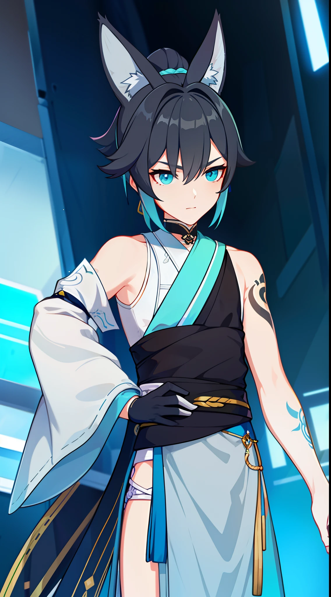 Young guy, short gray hair, high ponytail, Cyan eyes, Cat's ears, Hanfu, Sleeveless, Tatoo, Masterpiece, hiquality