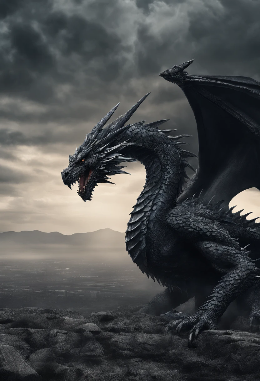 Dark Dragon over land huge wings of geo data in the style of detailed hyperrealism photoshoot