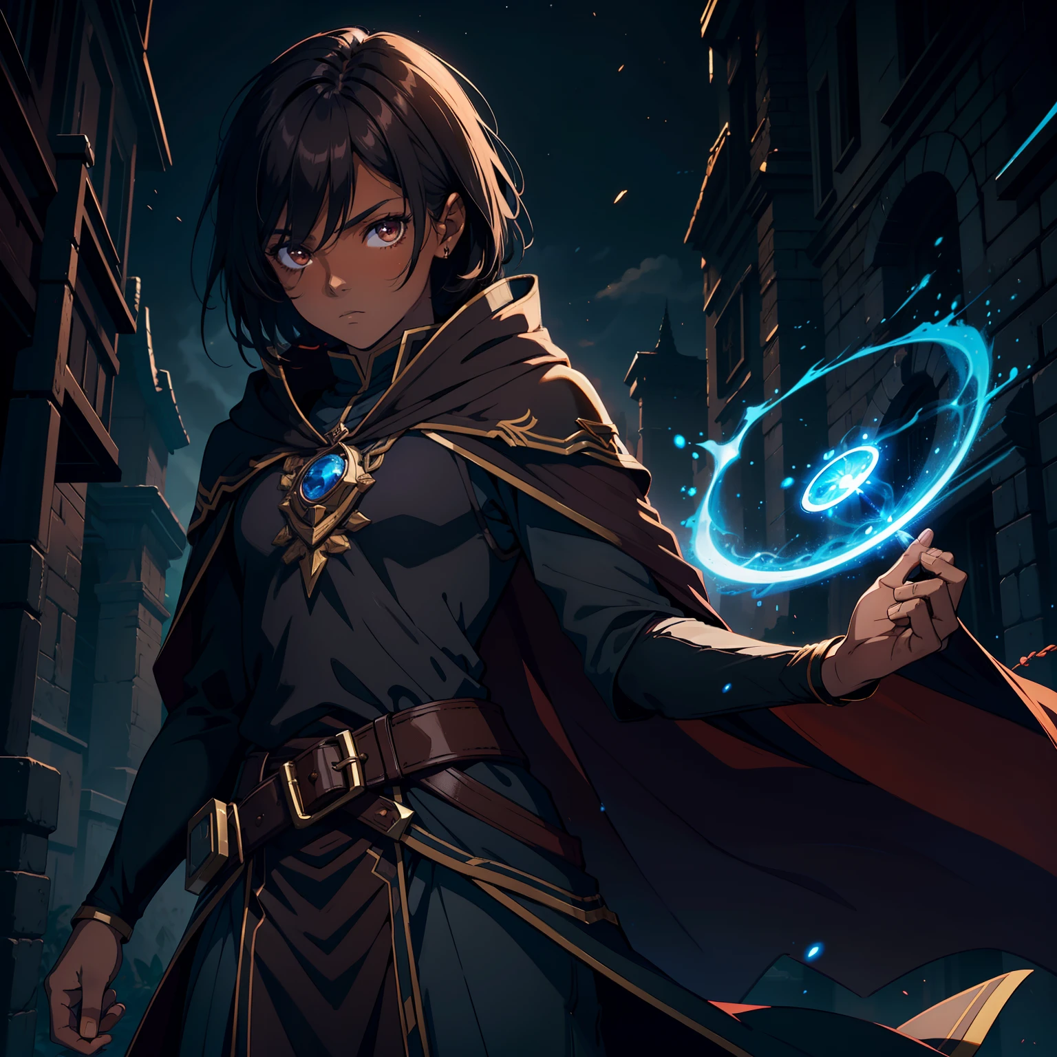 young mage, dark skin, strong, dark spells, wearing mage cloak, short dark brown hair, brown eyes, 4k