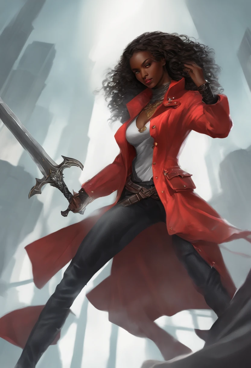 (Masterpiece, Best quality), concept-art, Full body photo of a dark-skinned woman dressed (Large red jacket:1.2) and a black shirt, Fighting posture, Intricate details, color difference, (Black skin:1.2), 1girll, Curly long hair, Light brown hair, Messy hair, robot leg, Biomechanical, hair on one eye, honey eyes, Sharp eyes, Neon shirt, Open jacket, big sword, Cyber Katana, Dark Blade, Japanese role-playing game style, Tech fantasy, Final Fantasy, Pastel colors, (Simple background, White background:1.3)