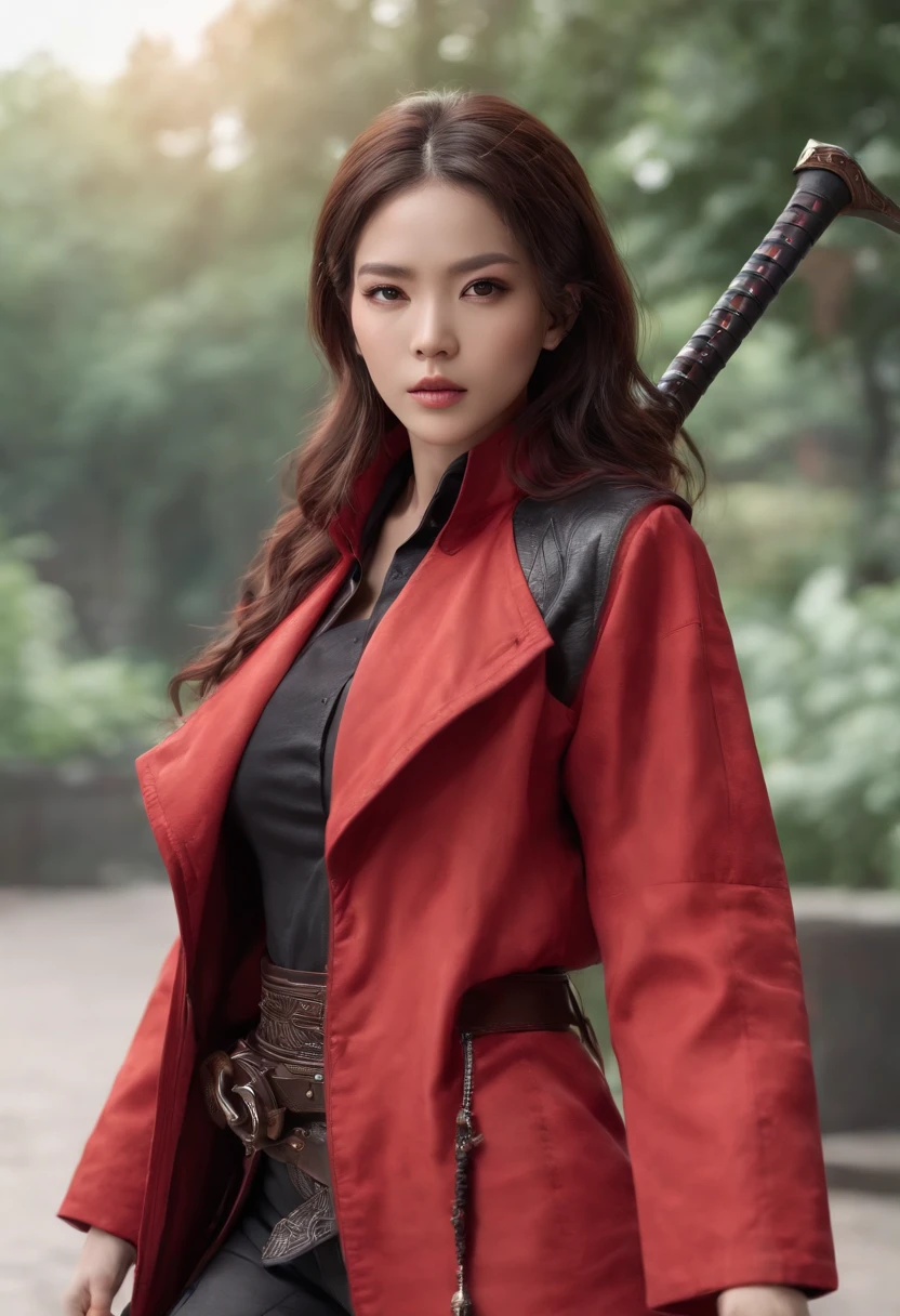 (Masterpiece, Best quality), concept-art, Full body photo of a dark-skinned woman dressed (Large red jacket:1.2) and a black shirt, Fighting posture, Intricate details, color difference, (Black skin:1.2), 1girll, Curly long hair, Light brown hair, Messy hair, robot leg, Biomechanical, hair on one eye, honey eyes, Sharp eyes, Neon shirt, Open jacket, big sword, Cyber Katana, Dark Blade, Japanese role-playing game style, Tech fantasy, Final Fantasy, Pastel colors, (Simple background, White background:1.3)
