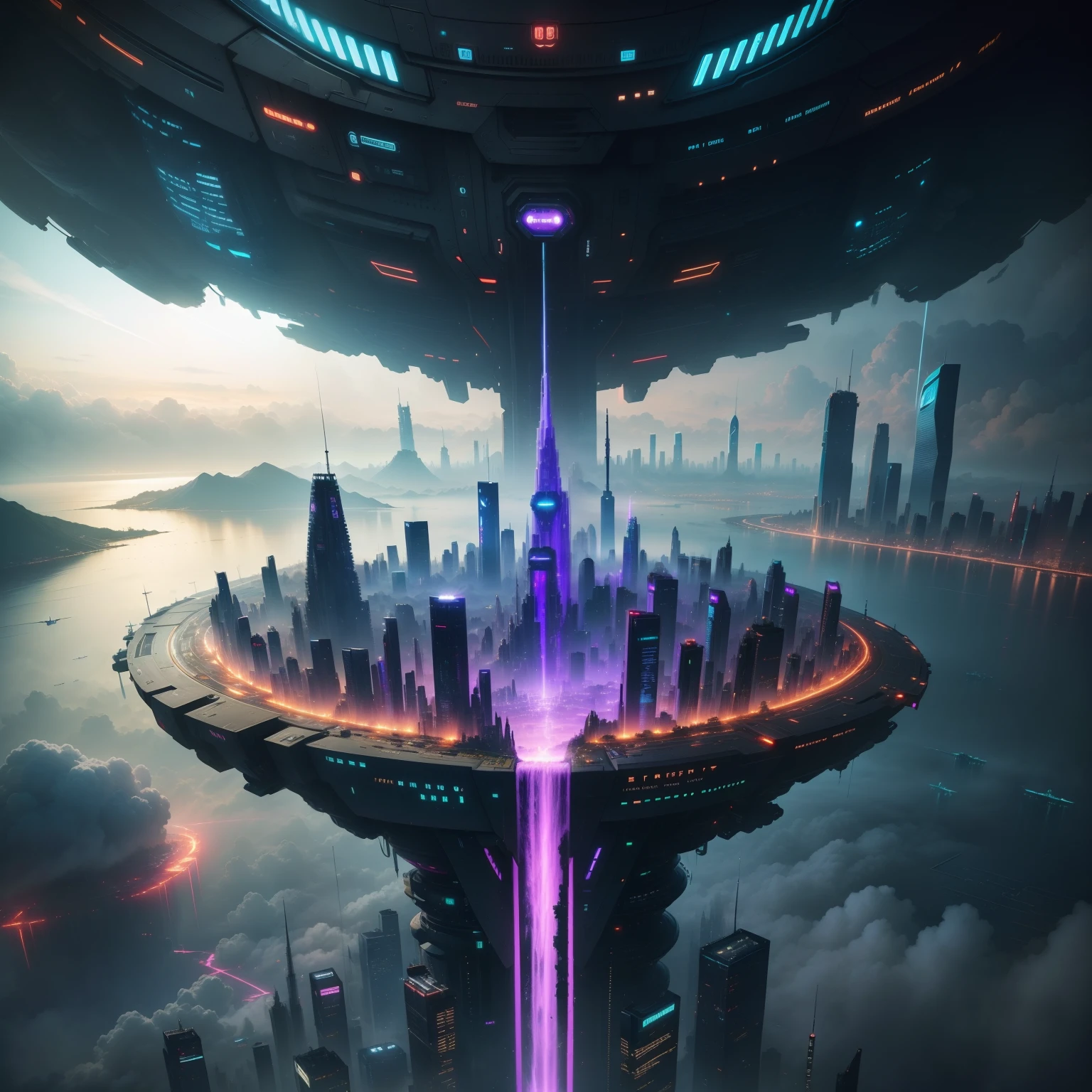 cyberpunked、Futuristic cities、planet earth、Cyberpunk with skyscrapers piercing through the clouds.SFart by、Utopian City、There is a super huge waterfall、Megacities、dream、top-quality、masterpiece、Beautiful cities of the future Huge city