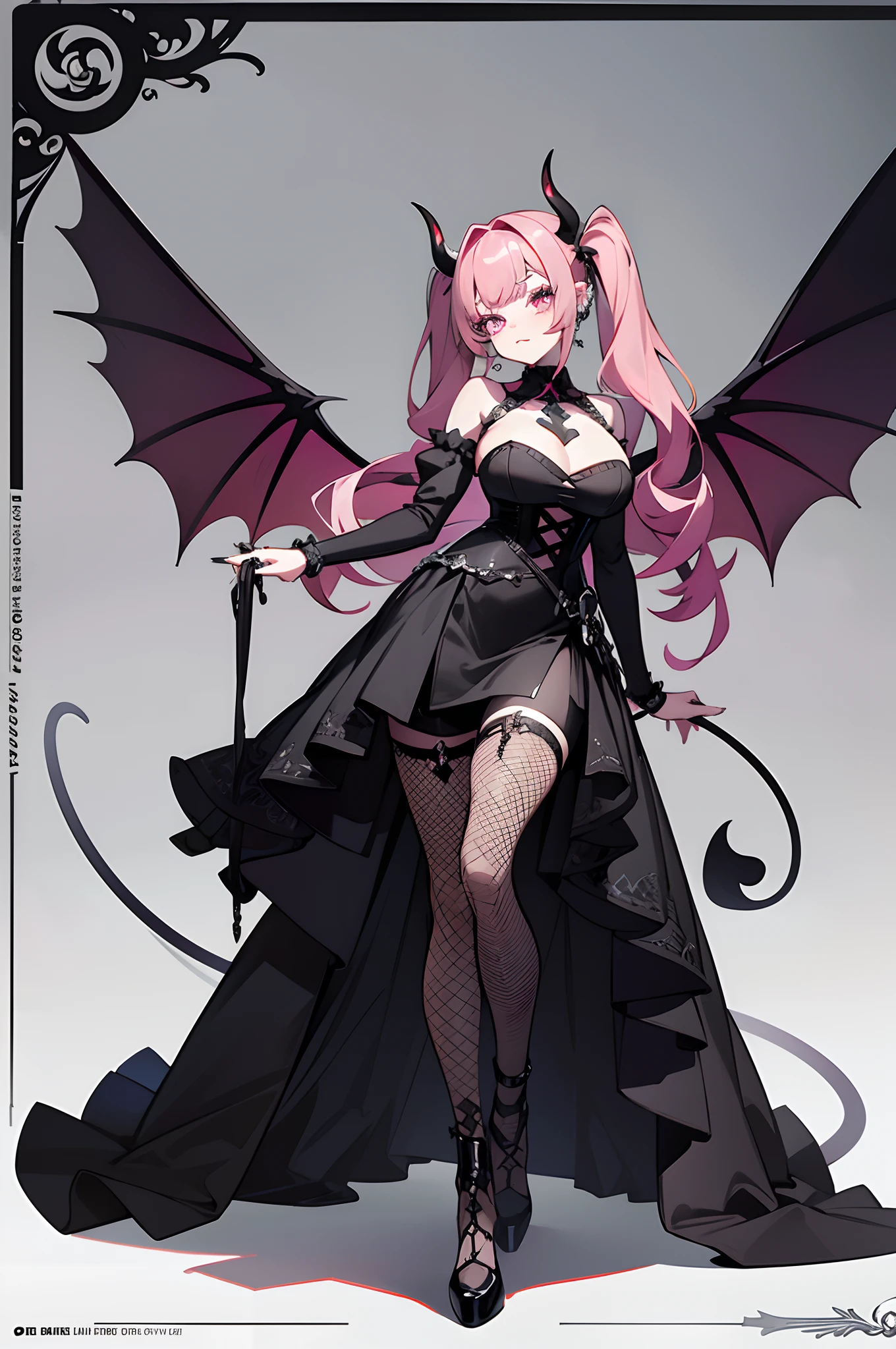 masterpiece, high quality, best quality, (concept art, official art, full body), (three sided view:1.3), ((character design sheet, same character, front, side, back)), virtual youtuber, girl, deep pink hair, voluminous wavy twin-tails, blunt bangs, straight bangs, magenta slanted eyes, fangs, thick eyebrows, black nails, ((huge breasts)), slim long legs, black dress, bare shoulders, ((lots of piercings)), black long fingerless gloves, GothGal, (fishnet stockings, gothic print:1.25) girl in a black and white outfit, girl wearing a GothGal outfit, large boots, high heel, girl wearing a black leather garterbelt and (multiple leather straps, multiple iron chains attached to rings:1.125), ((devil wings and devil tail)), simple background, highly detailed fine art, (finely detailed beautiful eyes and detailed face), delicate depiction of facial features