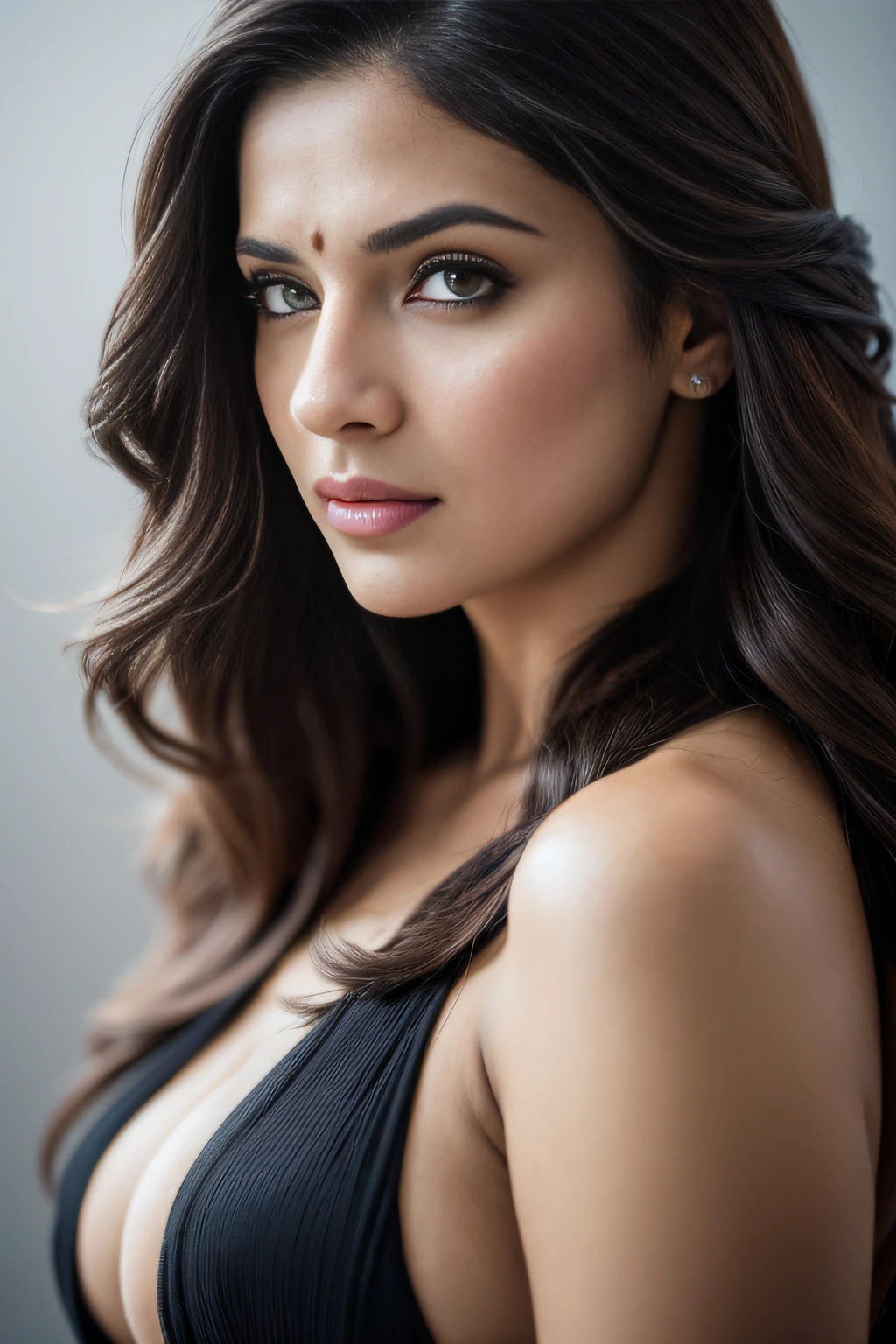 topless Portrait of A confident-looking indian woman with long flowing hair, hazel eyes, with flowing capes, perfect composition, hyperrealistic, super detailed, 8k, high quality, trending art, trending on artstation, sharp focus, topless studio photo, intricate details, highly detailed, art by greg rutkowski