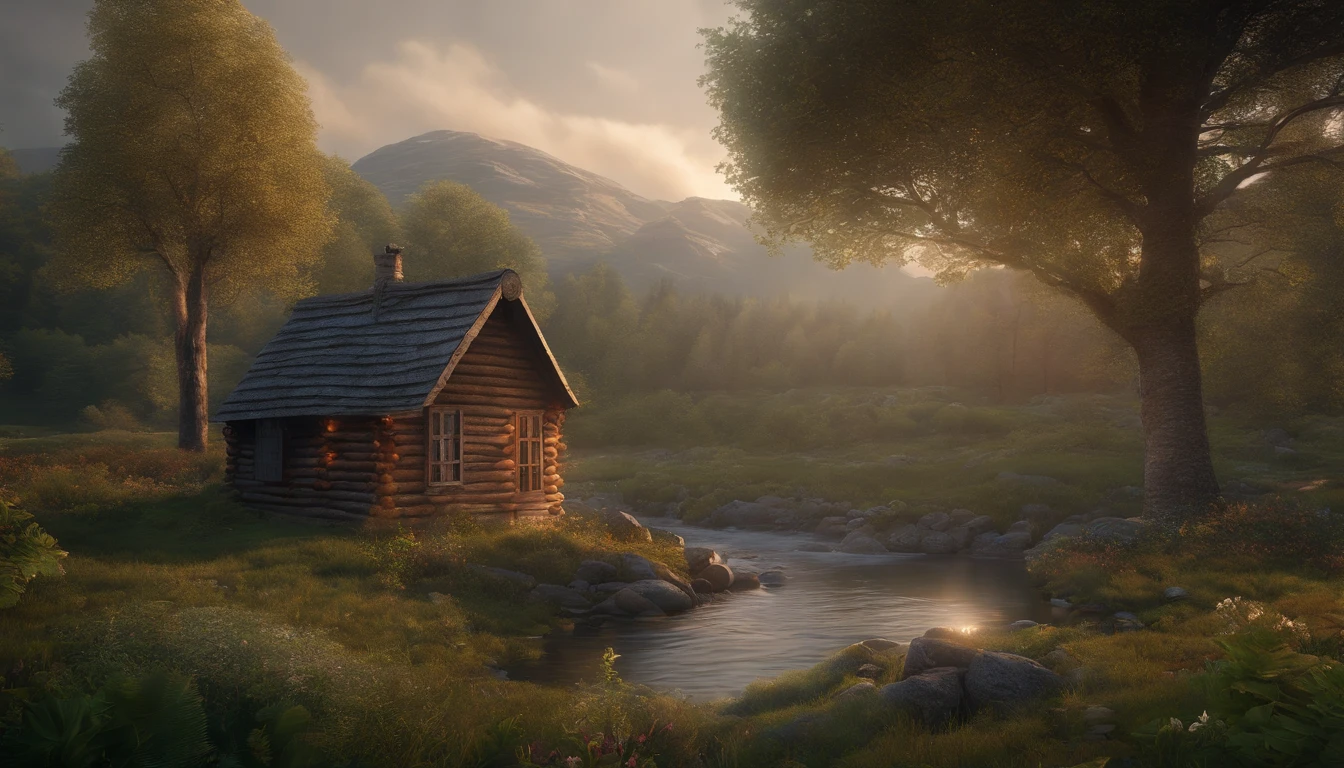 masterpiece, best quality, high quality,extremely detailed CG unity 8k wallpaper, An enchanting and dreamy scene of a fantasy forest, beautiful log cabin beside a stream, with towering trees, glowing flowers, and hidden fairy glens, creating a sense of mystique and enchantment, artstation, digital illustration, intricate, trending, pastel colors, oil painting, award winning photography, Bokeh, Depth of Field, HDR, bloom, Chromatic Aberration ,Photorealistic,extremely detailed, trending on artstation, trending on CGsociety, Intricate, High Detail, dramatic, art by midjourney