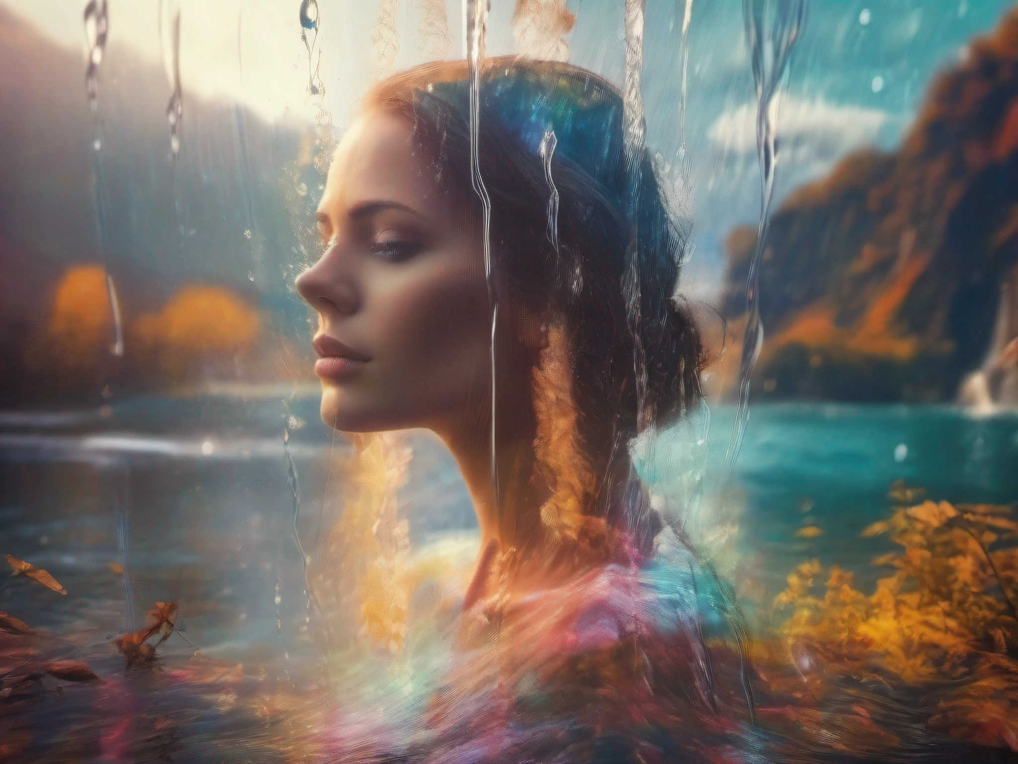 Water fall, pretty face - DOUBLE EXPOSURE. SURREAL cinematic colorful romantic riverscape. High-resolution details, fine texture, Highly photorealistic, Ultra HD 12k, --v 5.2, -- s 50,