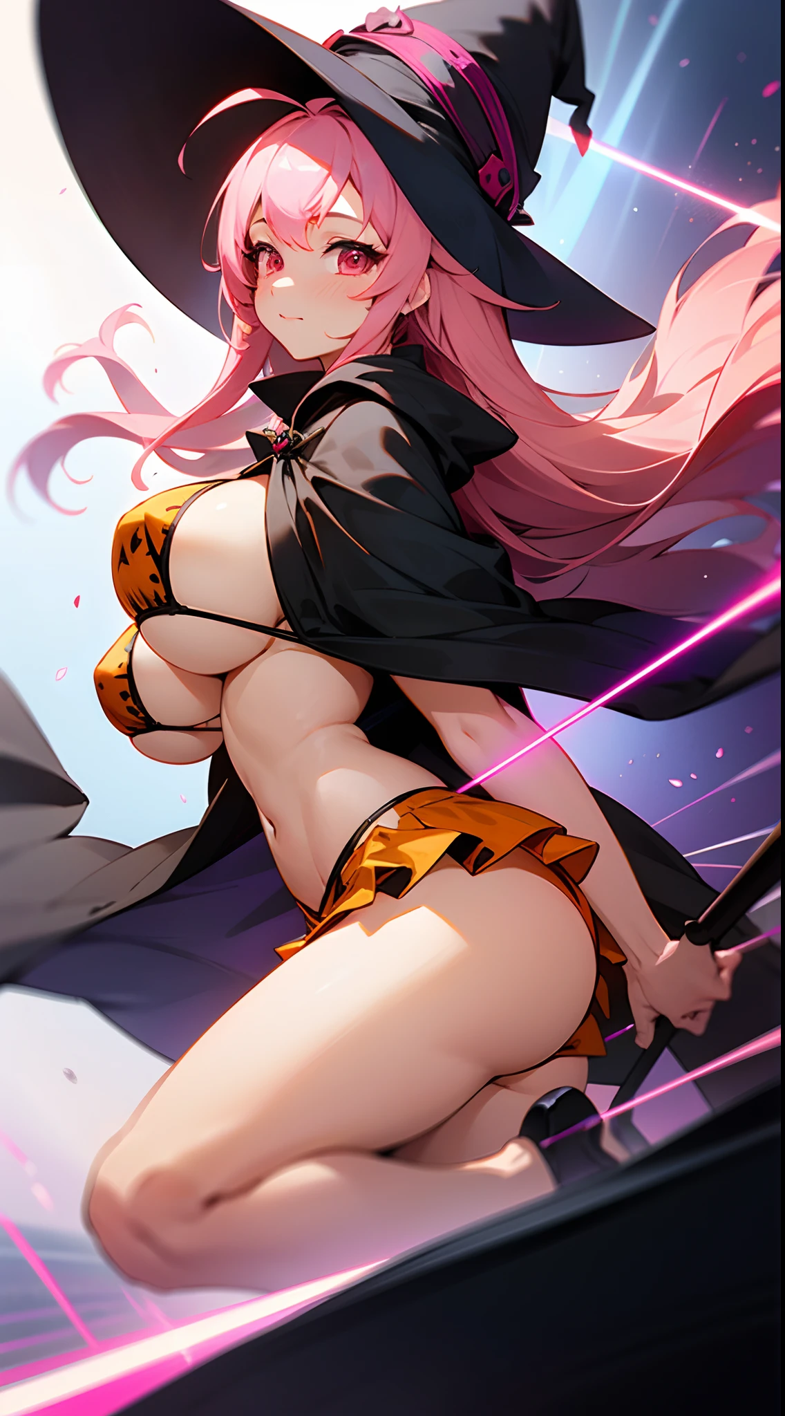 1 girl, game CG, sideboob orange bikini, short skirt with pattern, black witch hat, cloak, gigantic breasts, pink hair, long hair, straight hair, princess hairstyle, ahoge, pink eyes, dynamic, laser beam,