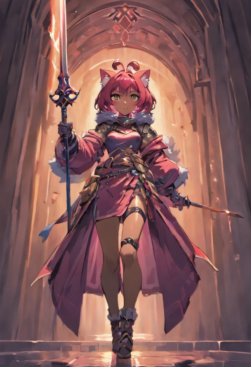 Brown-skinned girl. Her figure, Busty, Curvy, The right direction, Bunny ears, Cat tail, Magenta hair color, Deep magenta eyes, Brown skin, Sword in hand, A large ragged cloth like a cloak was wrapped around the waist, chest plate, long gloves, Black long-sleeved shirt under armor, chest plate, Hoodie, Properly drawn sword, Magic Sword, A cloth is wrapped around the waist, Properly drawn sword in hand, Cat ears, Cat tail digital painting, Digital illustration, Extreme detail, Digital art, Knight armor, Loose puff pants, Metal shoes, fully armoured. A cloth is wrapped around the waist. Hands holding a sword. Loose puff pants.