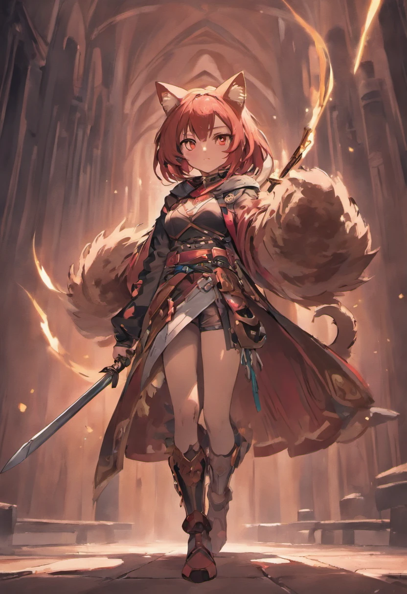 Brown-skinned girl. Her figure, Busty, Curvy, The right direction, Bunny ears, Cat tail, Magenta hair color, Deep magenta eyes, Brown skin, Sword in hand, A large ragged cloth like a cloak was wrapped around the waist, chest plate, long gloves, Black long-sleeved shirt under armor, chest plate, Hoodie, Properly drawn sword, Magic Sword, A cloth is wrapped around the waist, Properly drawn sword in hand, Cat ears, Cat tail digital painting, Digital illustration, Extreme detail, Digital art, Knight armor, Loose puff pants, Metal shoes, fully armoured. A cloth is wrapped around the waist. Hands holding a sword. Loose puff pants.