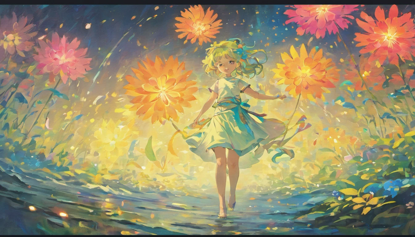Spirit floating in pale shape, Woman in yukata with colorful flowers walking along the river. Her beautiful face and brightly colored glowing eyes. Dark night river、Illuminated fantastically by the floating light of the spirits. Woman walking with hand lanterns illuminating her feet. Along the river at night with wildflowers blooming. Detailed drawing. Vivid colors. High image quality. --S 1000 --AR 4:5 - Rainbow 5