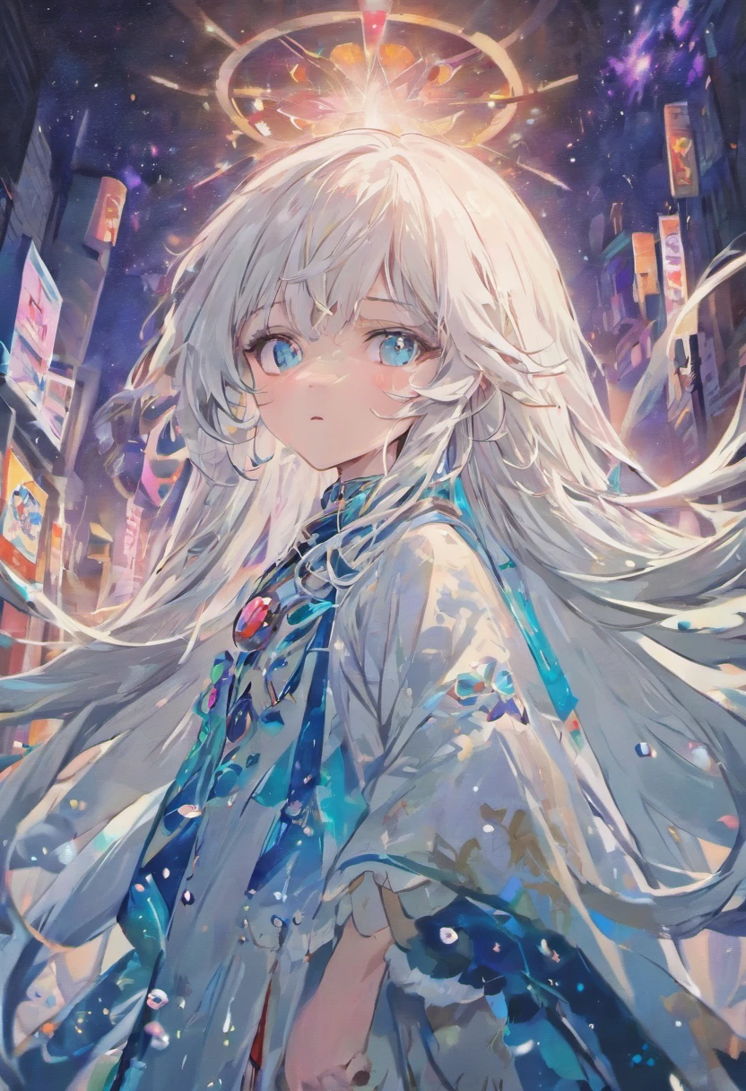 masterpiece, best quality,(beautiful detailed eyes),(((1 girl))),((((long white hair)))), head, aqua theme hair, innocent, red eyes, starry sky, post-apocalypse theme,((dice, D20,)) full-body picture,