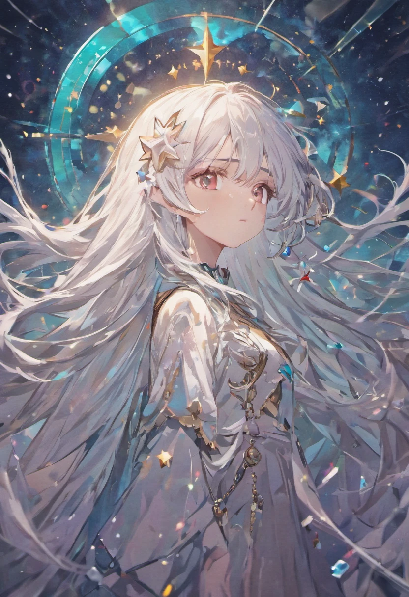 masterpiece, best quality,(beautiful detailed eyes),(((1 girl))),((((long white hair)))), head, aqua theme hair, innocent, red eyes, starry sky, post-apocalypse theme,((dice, D20,)) full-body picture,