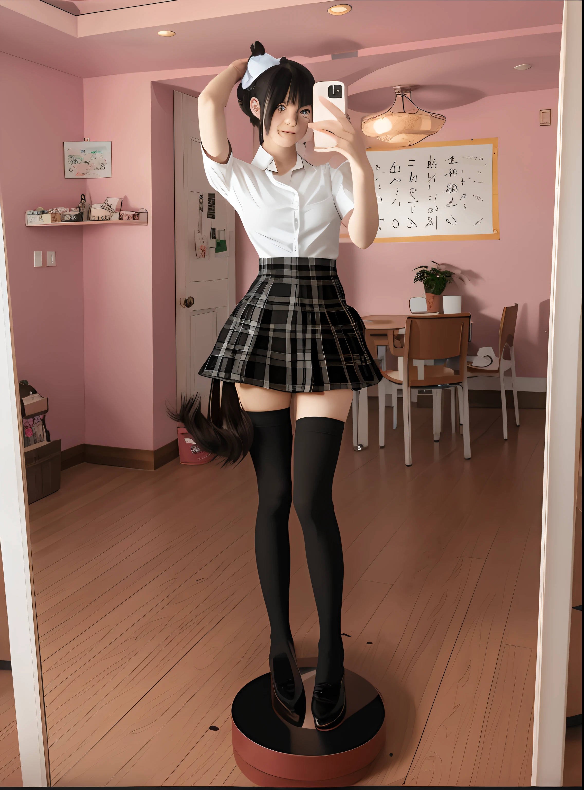 there is a woman that is taking a selfie in a mirror, thighhighs and skirt, wearing skirt and high socks, japanese girl school uniform, Magical school student uniform, cute female student, Surrealism female students, Surrealism female students, Japanese school uniform, dressed as schoolgirl, JK school uniform, Realistic schoolgirl, wearing a Japanese school uniform, in school uniform