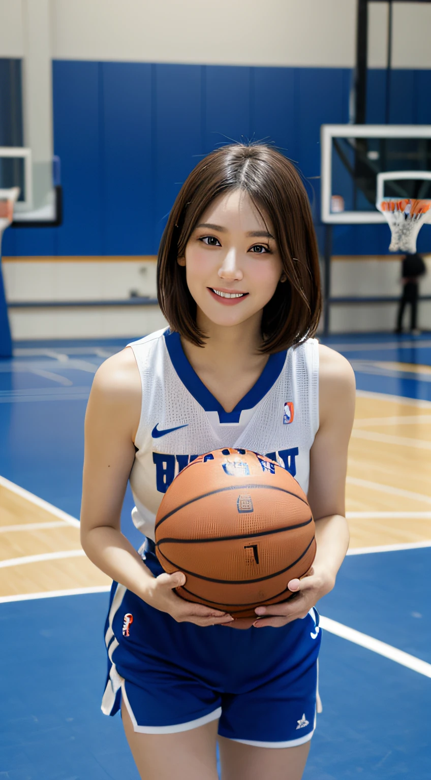 masutepiece, Best quality, Photorealsitic, finedetail, A high resolution, 8K wallpapers, Perfect dynamic composition, full body shot of、Beautiful detailed eyes, Medium short wave hair, Large full breasts, (Basketball player 1.3)、Breast bulge、A smile、basketball playground、25 age old、(Sagging eyes 1.3)、Adult beauty、natural make up、jpn、Black eyes