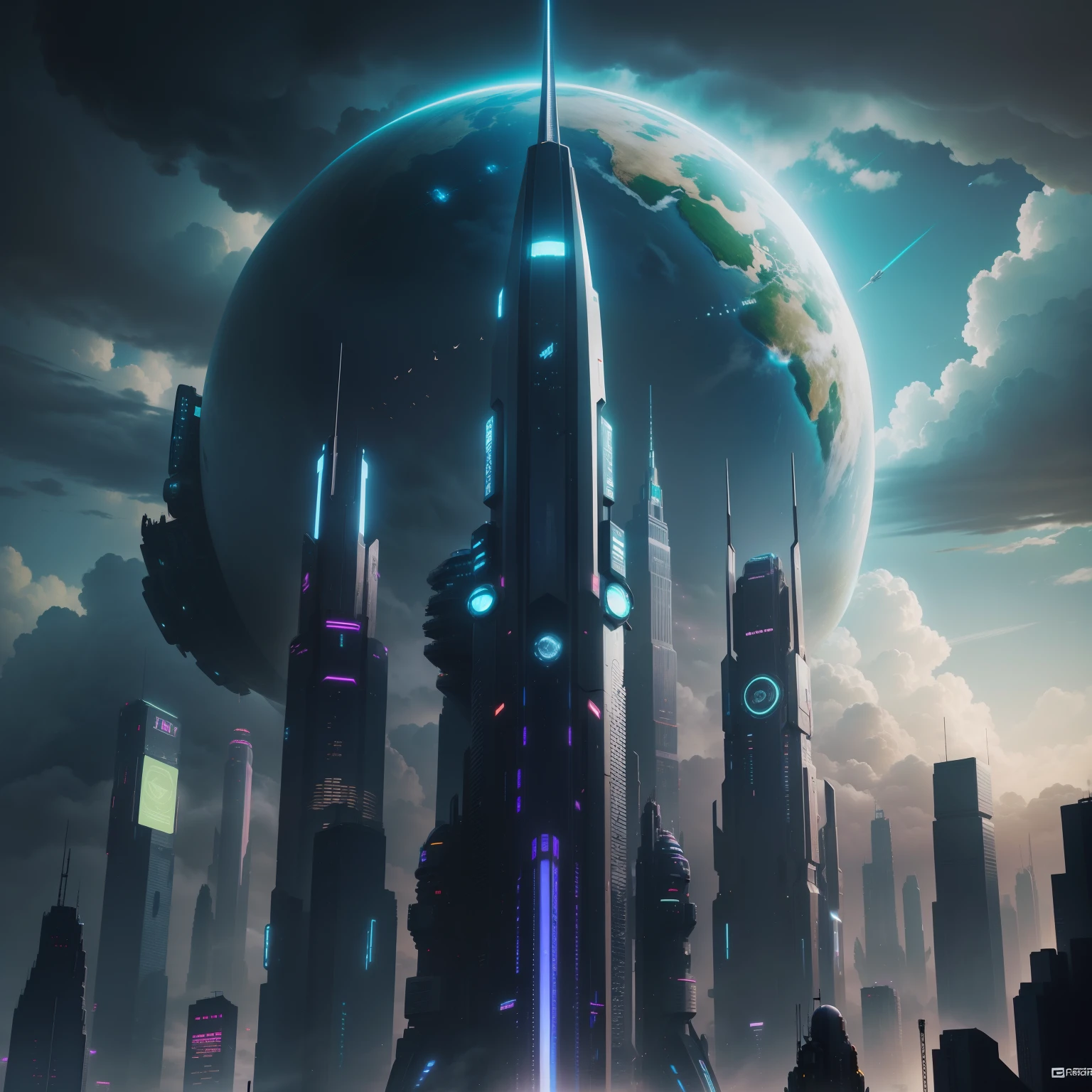 cyberpunked、Futuristic cities、planet earth、Cyberpunk with skyscrapers piercing through the clouds.SFart by、Utopian City、There is a super huge waterfall、Megacities、dream、top-quality、masterpiece、Beautiful cities of the future Huge city
