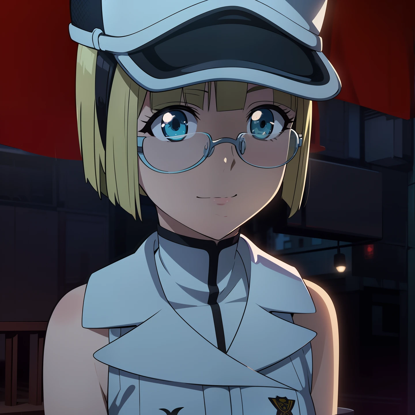 half body to thigh, night in streets of New York, a military woman, she wear a white uniform with military hat, she has short blonde hair in a bob, dynamic pose, sitting centered in front to camera, cute and adorable, drawing style, digital art, centered, dynamic pose, complex blurry background, lushill style, exquisitely detailed elements, detailed perfect face, hold the glass of coffe, detailed clear eyes, intricate, extremely detailed, highly detailed, realistic look, vivid colors, rim lighting, sharp focus, digital art, unreal engine, concept art, octane render, 8k, trending on Artstation, (((glasses)))