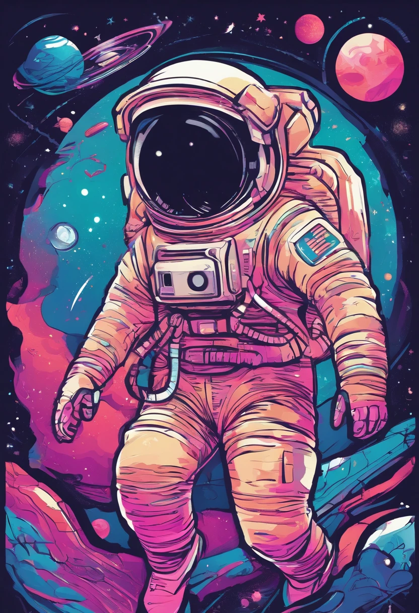 Create a joyful and vibrant digital art illustration of a cheerful astronaut in a whimsical, outer space setting. Use a bright and happy color palette to bring the astronaut to life, and design a background that includes playful elements like colorful planets, smiling stars, and floating ice cream cones. Make sure the astronaut is portrayed in a lighthearted and animated manner, evoking a sense of wonder and happiness. This artwork will be perfect for a sticker that spreads joy and positivity