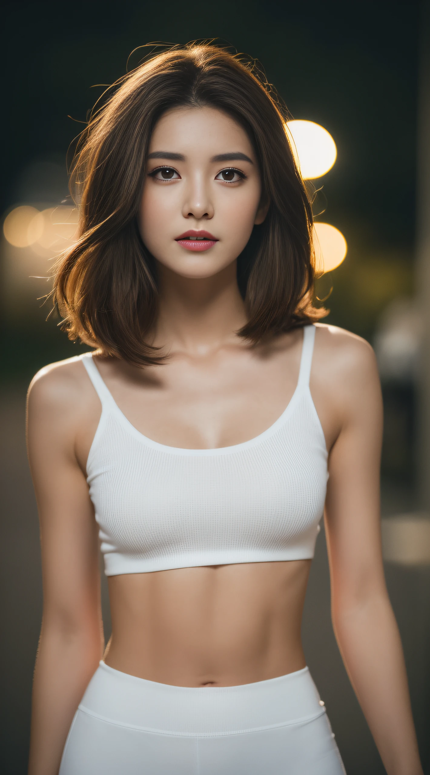 ((Realistic lighting, Best quality, 8K, Masterpiece: 1.3)), Clear focus: 1.2, 1girl, Perfect beauty: 1.4, Slim abs: 1.1, ((Dark brown hair)), (White crop top: 1.4), (Outdoor, Night: 1.1), Park view, Super fine face, Fine eyes, Double eyelids,