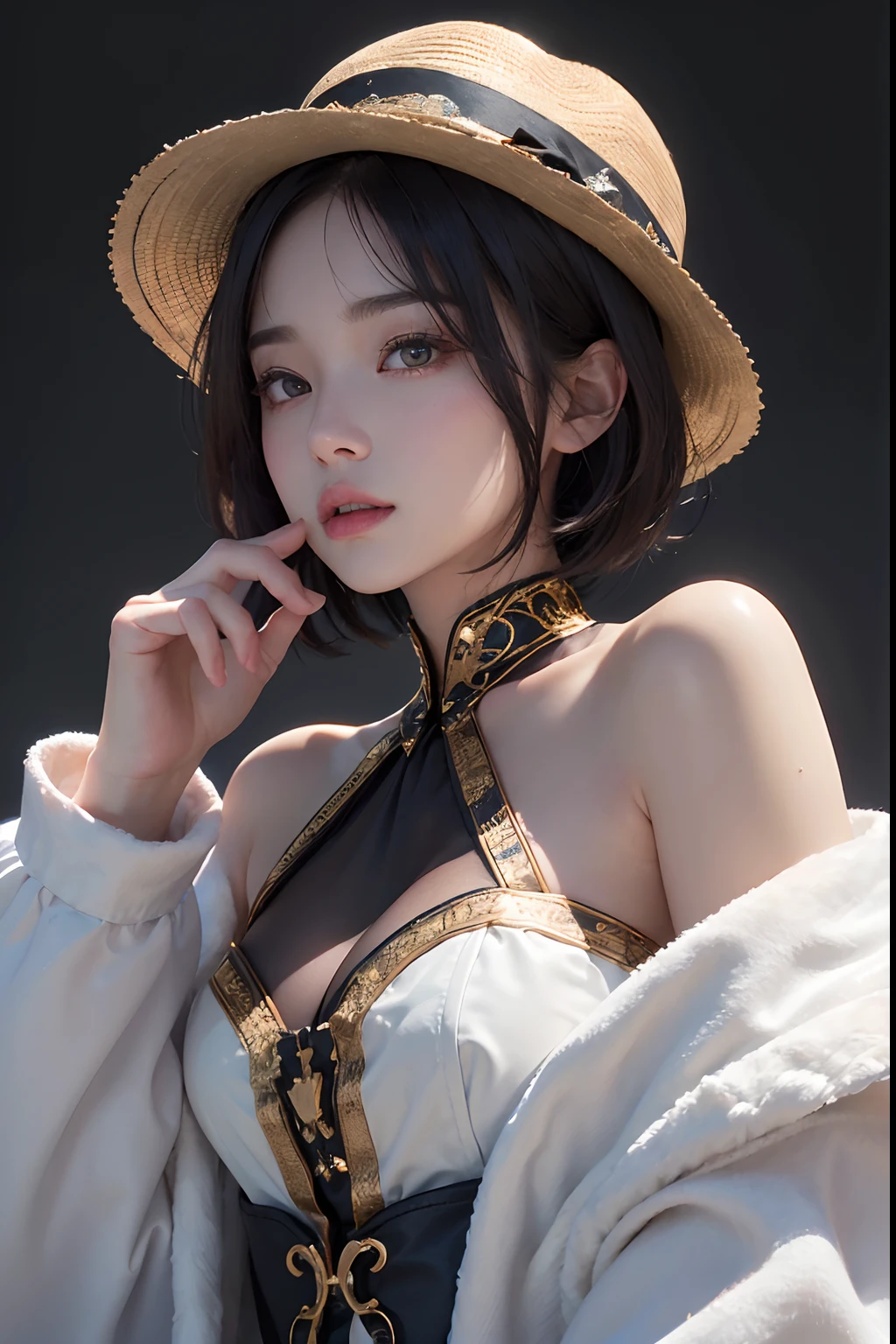 (masuter piece:1.3)、(8K、Photorealsitic、Raw photography、top-quality: 1.4)、(1girl in)、beautiful countenance、(Lifelike face)、(A dark-haired、short-hair:1.3)、(Even though I'm naked)、Wearing a cute pom-pom hat with a pattern、(Show all hats)、realisticeyes、Beautiful details、(real looking skin)、Beautiful skins、absurderes、enticing、超A high resolution、A hyper-realistic、high-detail、the golden ratio